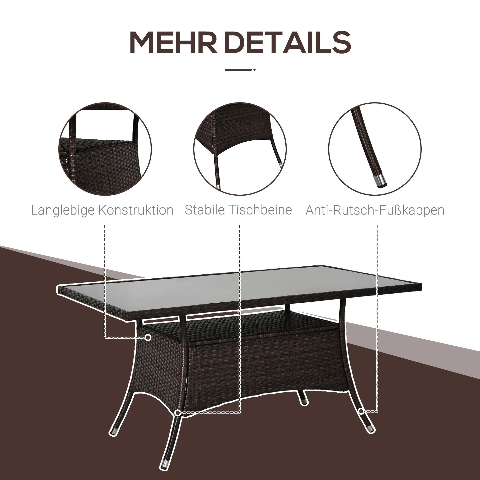 Ein brauner Korbtisch mit Glasplatte. Details: langlebige Konstruktion, stabile Beine und Anti-Rutsch-Füße.
