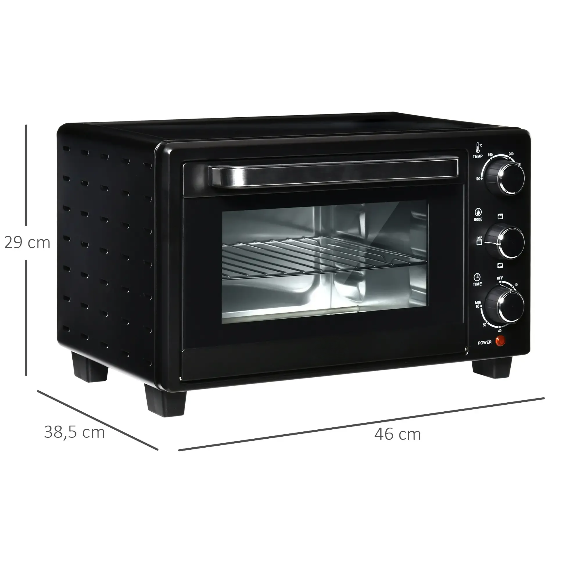 Ein schwarzer Mini-Backofen mit Knöpfen für Temperatur, Modus und Timer. Abmessungen werden angezeigt. Ein Griff ist sichtbar.