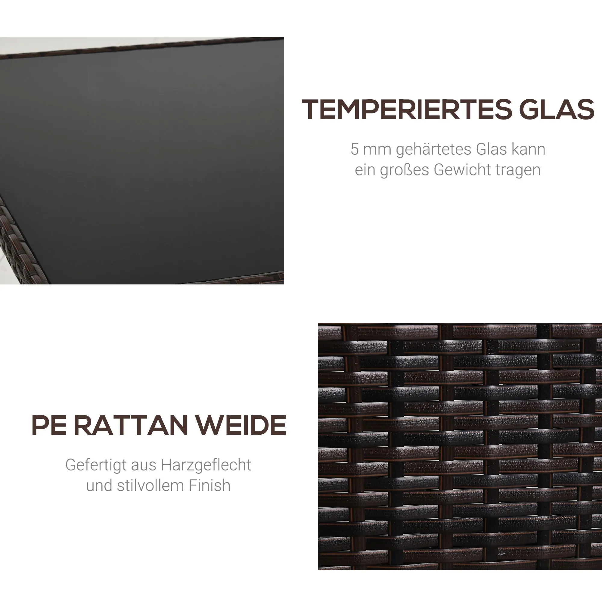 Das Bild zeigt Abschnitte eines Tisches. Oben dunkles Glas, unten gewebtes braunes Material. Text beschreibt gehärtetes Glas und Rattan.
