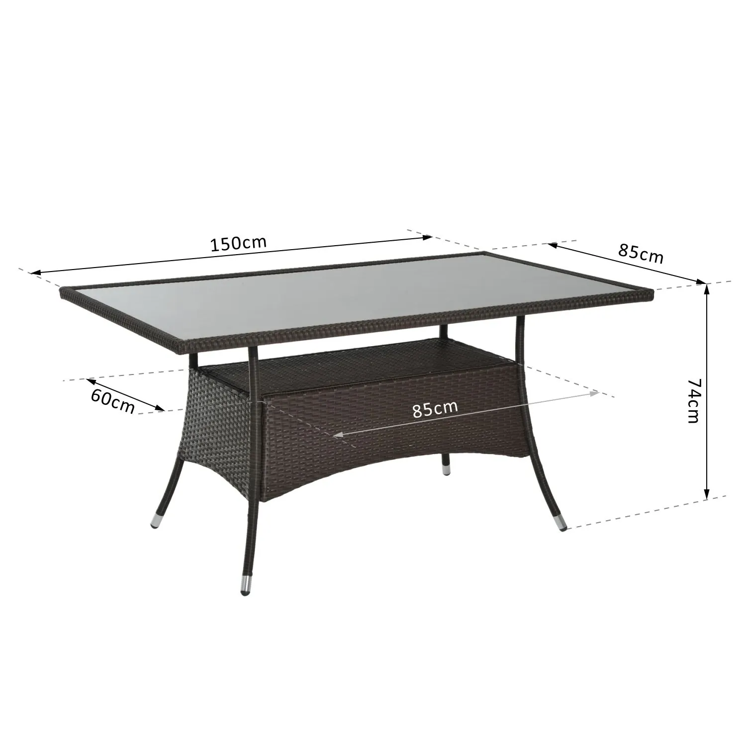Ein rechteckiger Gartentisch mit Glasplatte und dunkelbraunen Korbmöbelseiten. Abmessungen: 150x85x74cm und 60cm.