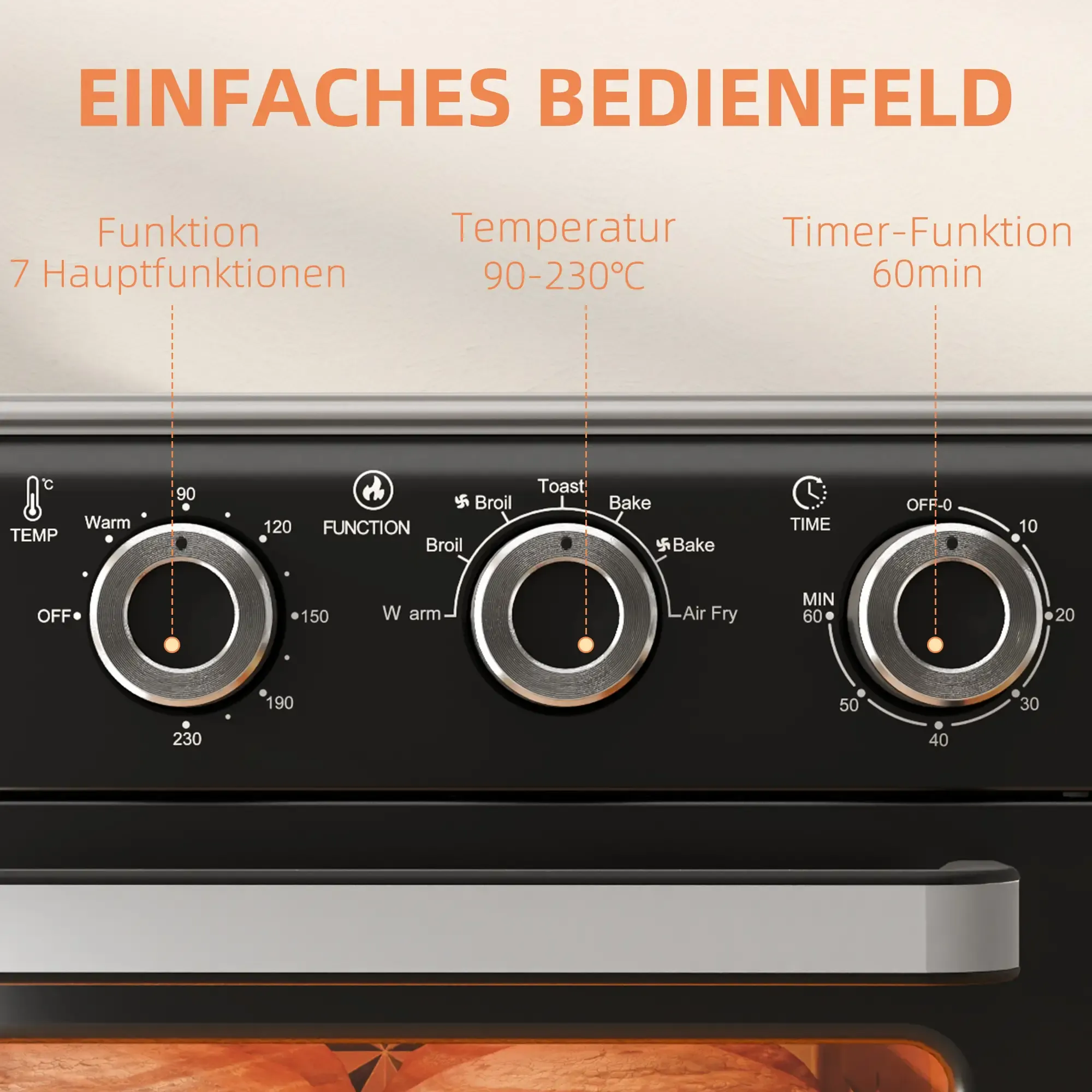 Backofen-Bedienfeld mit Drehreglern für Temperatur, Funktion und Zeit. Die Tafel ist schwarz mit silbernen Akzenten.