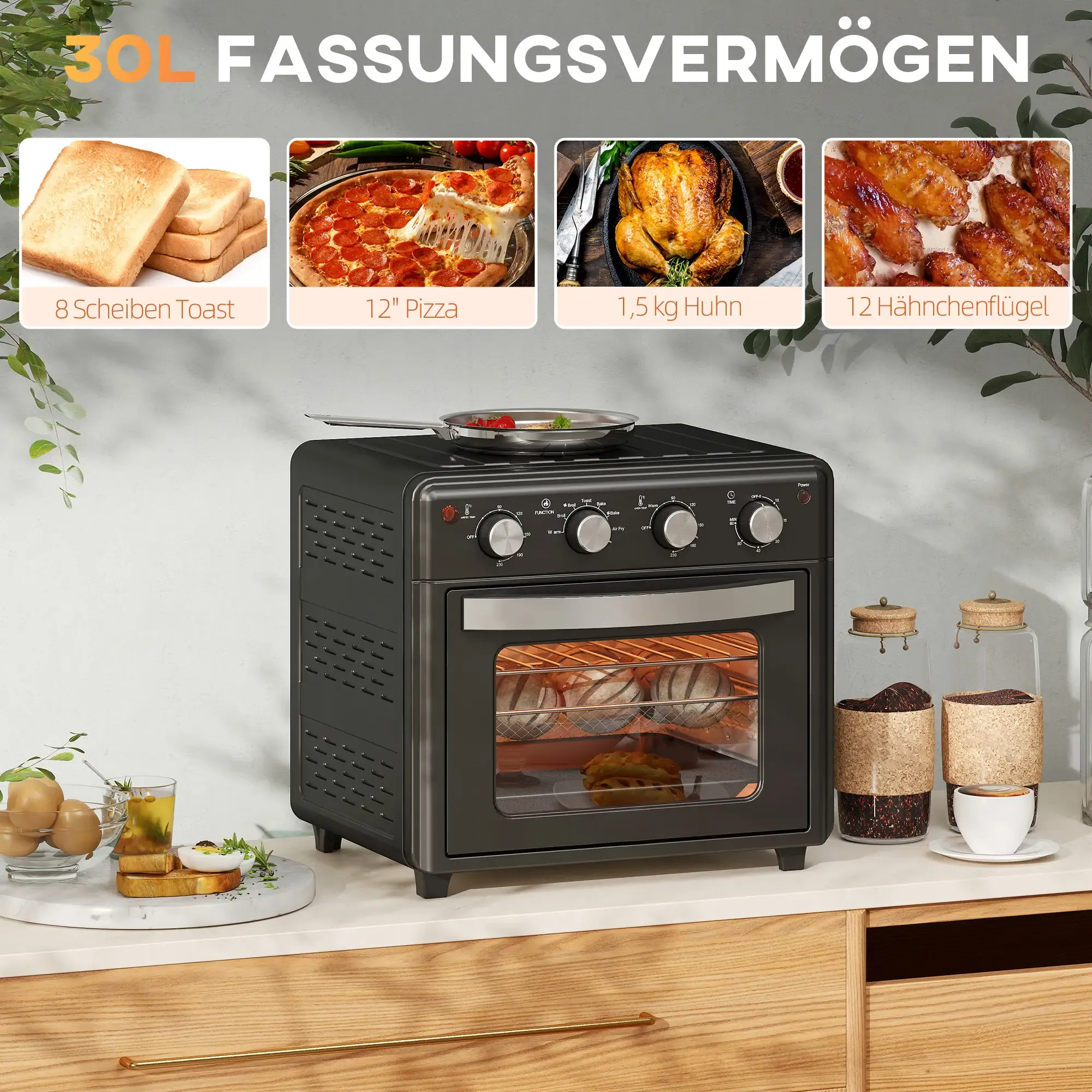 Ein schwarzer Tischbackofen mit Speisen oben und innen. Bilder von Speisen wie Toast, Pizza und Huhn sind oben.