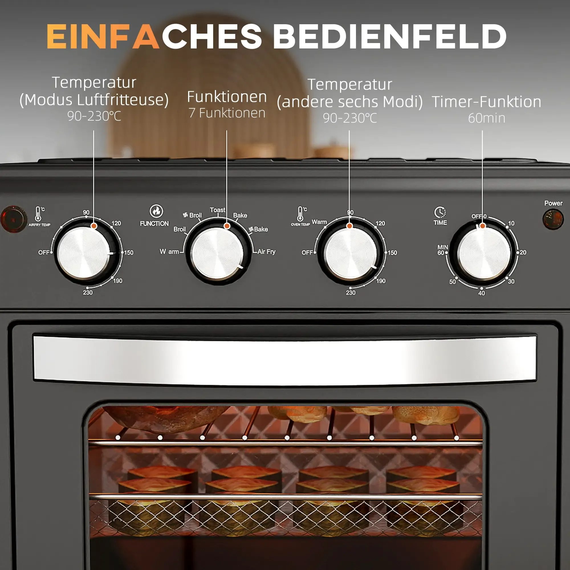Schwarzes Bedienfeld eines Ofens mit Knöpfen, Temperatureinstellungen und Blick auf Lebensmittel. Text auf Deutsch.