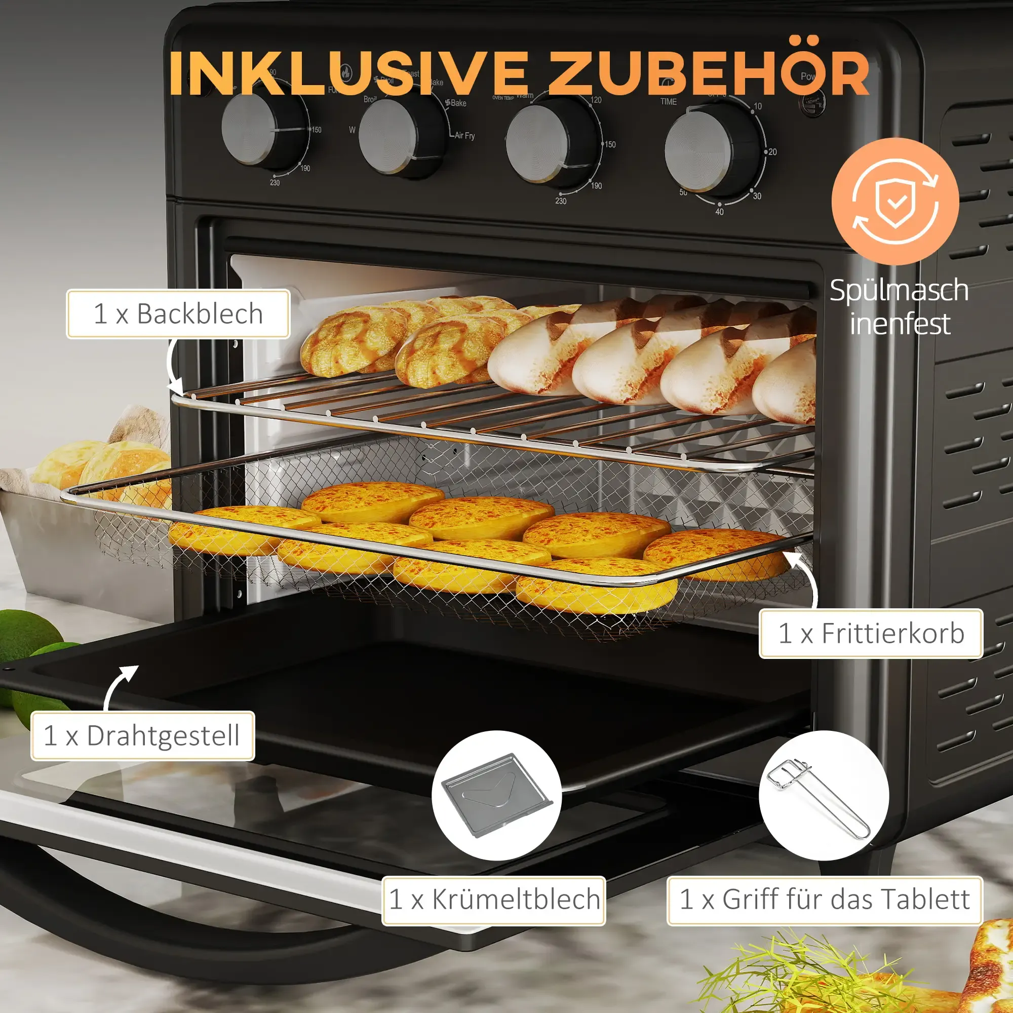 Ein Ofen mit Zubehör. Es gibt Backwaren im Inneren. Es hat ein Tablett, einen Korb und ein Krümelblech.