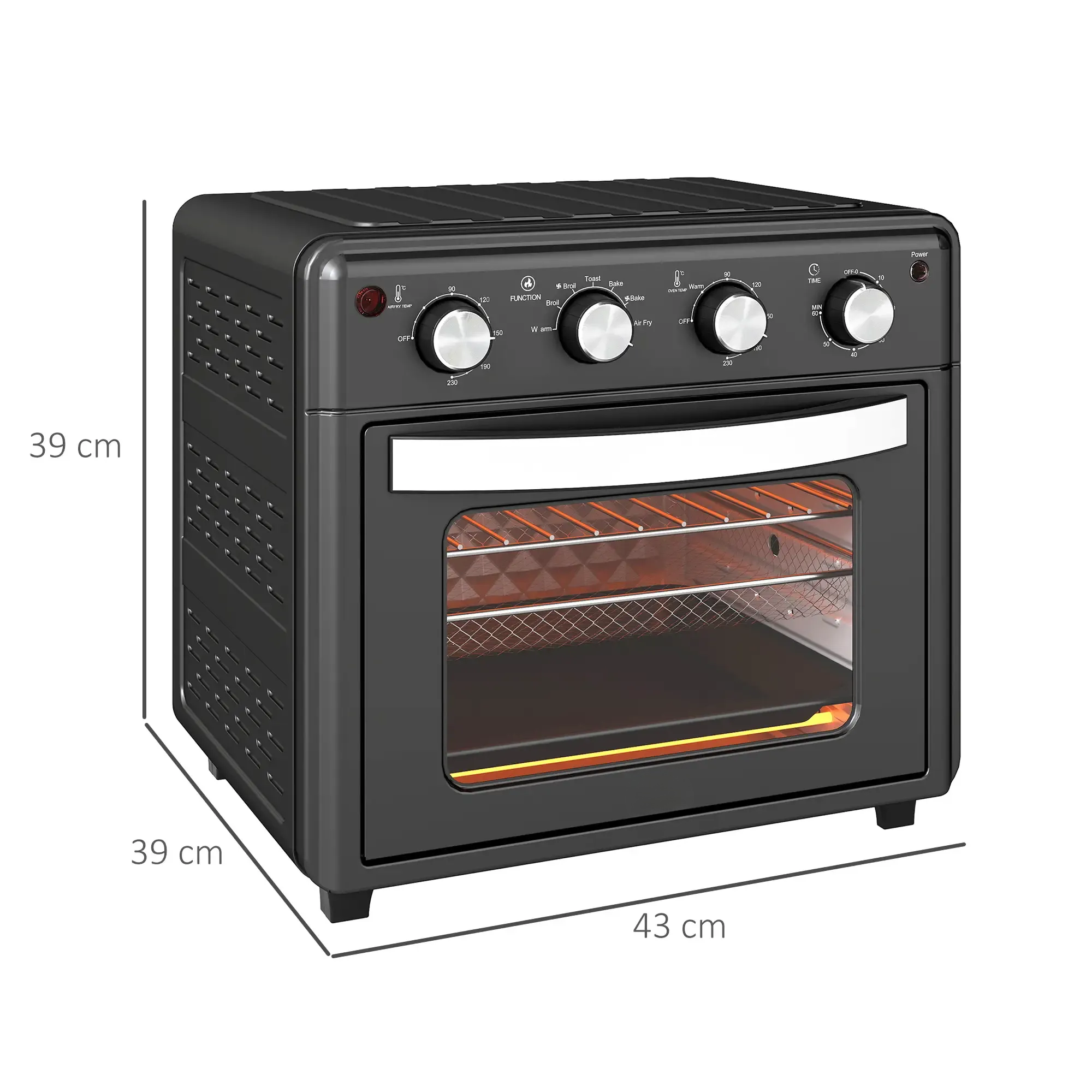 Ein schwarzer Airfryer mit Drehknöpfen und Glastür. Abmessungen sind beschriftet. Knöpfe für Temperatur und Zeit sind sichtbar.