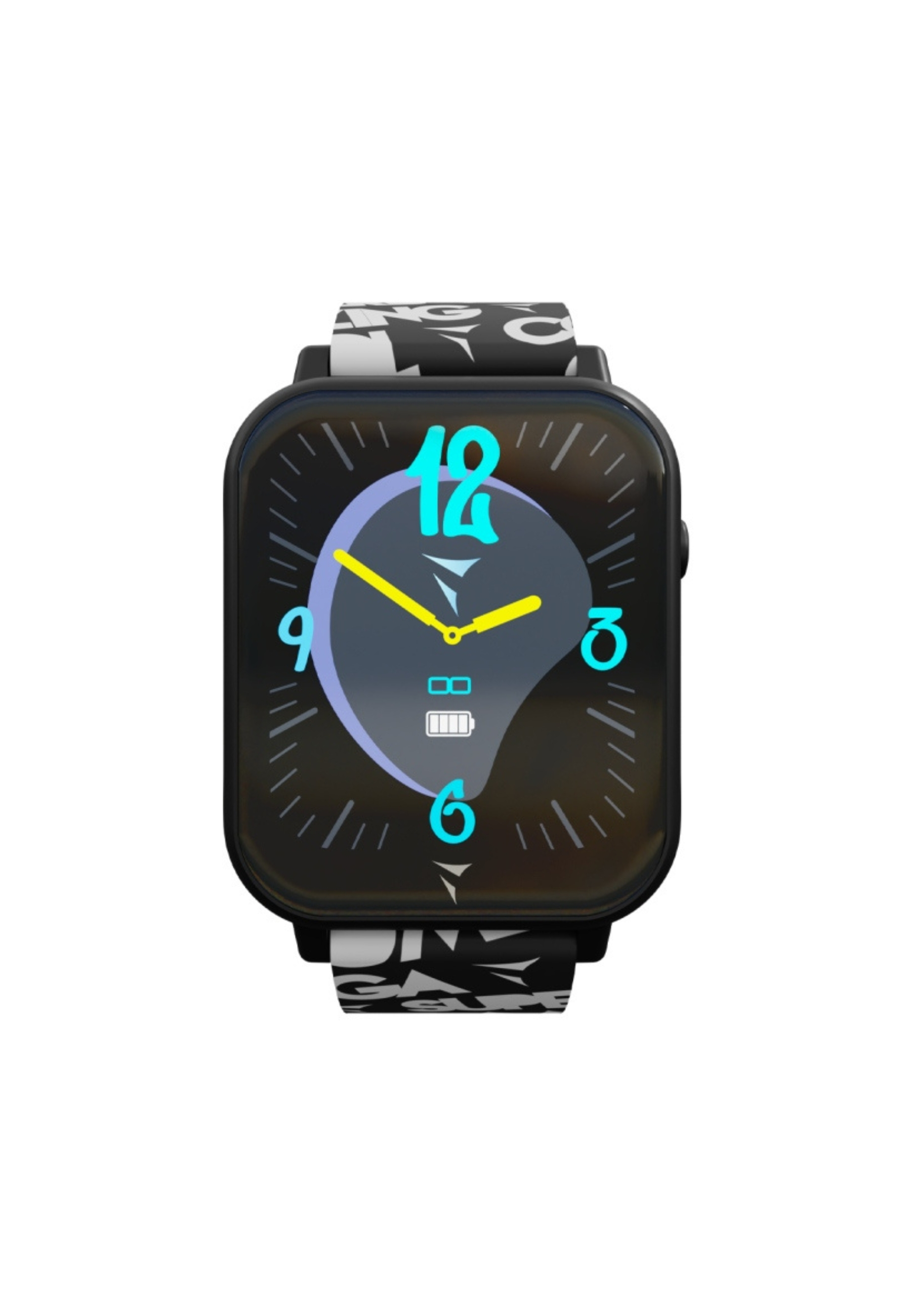 Eine Smartwatch mit schwarz-weiß gemustertem Armband. Das Ziffernblatt hat ein Zifferblattdesign mit blauen Zahlen und gelben Zeigern.