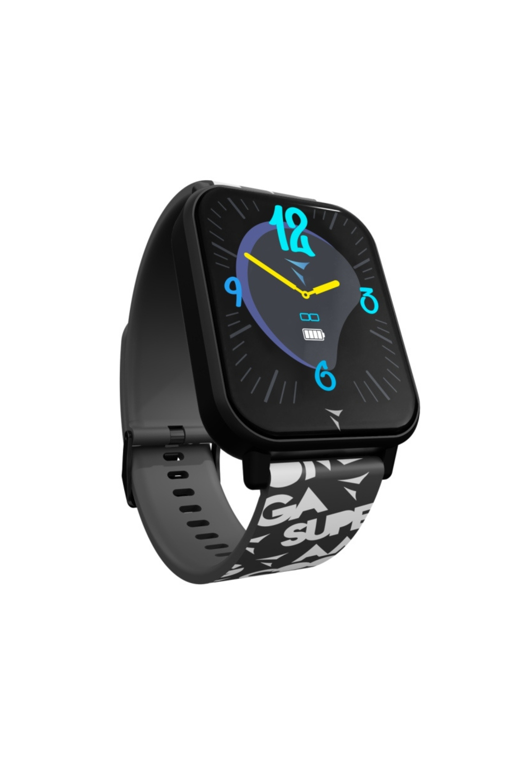 Eine schwarze Smartwatch mit schwarzem und weißem Armband. Das Zifferblatt zeigt eine Uhr mit blauen und gelben Akzenten.