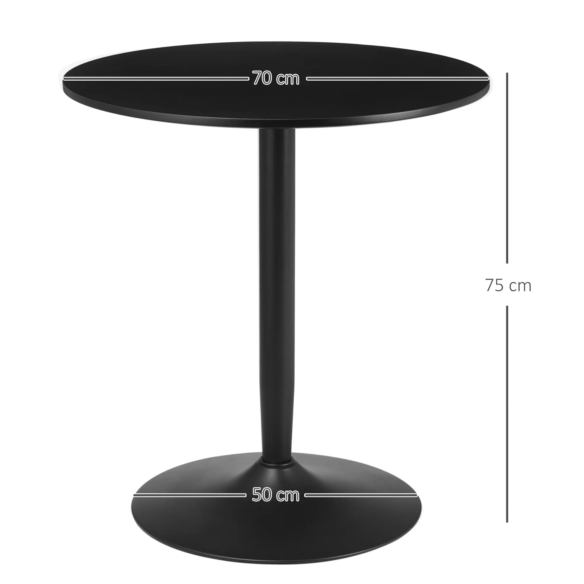 Ein schwarzer runder Tisch wird angezeigt. Er hat eine 70 cm Durchmesser, ist 75 cm hoch und hat einen 50 cm Sockel.