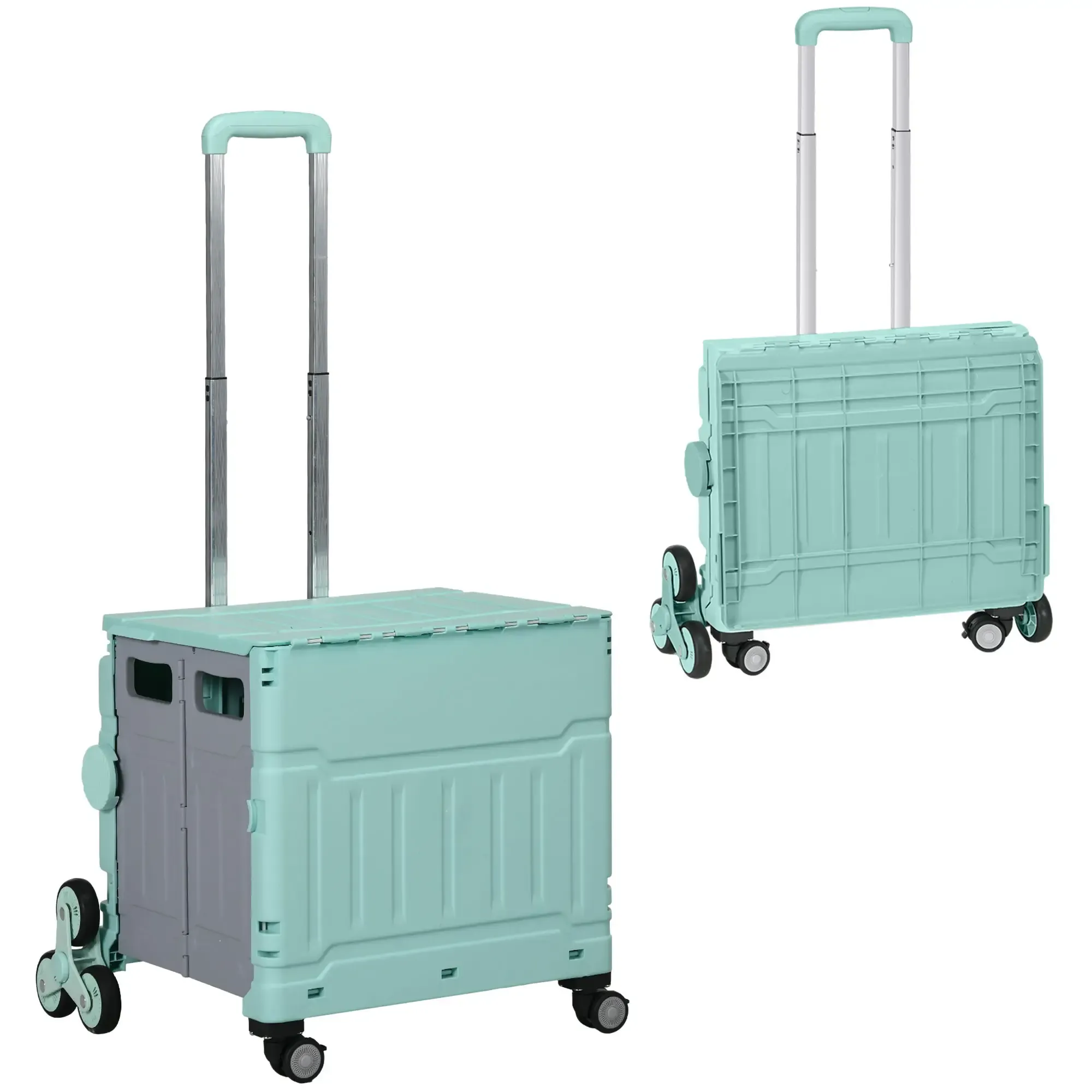 Zwei hellgrüne Rollwagen, einer zusammengeklappt. Jeder hat einen Griff und Räder. Der Hintergrund ist weiß.
