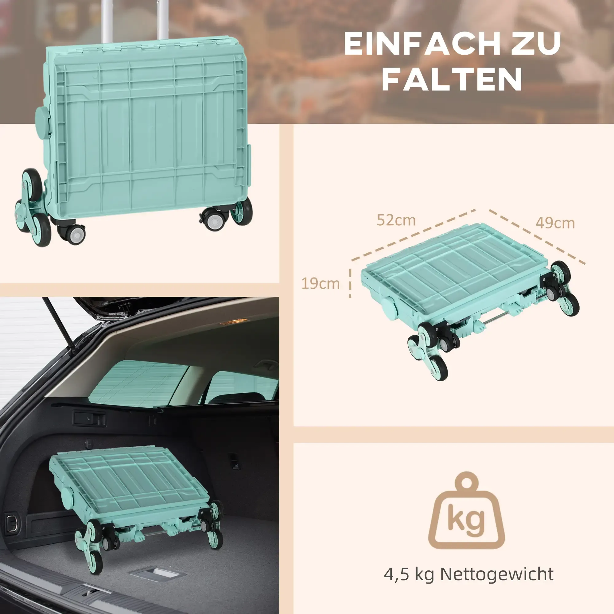 Ein faltbarer hellblauer Einkaufswagen. Abmessungen: 52x49x19cm. Gefaltet im Kofferraum. Nettogewicht: 4,5 kg.