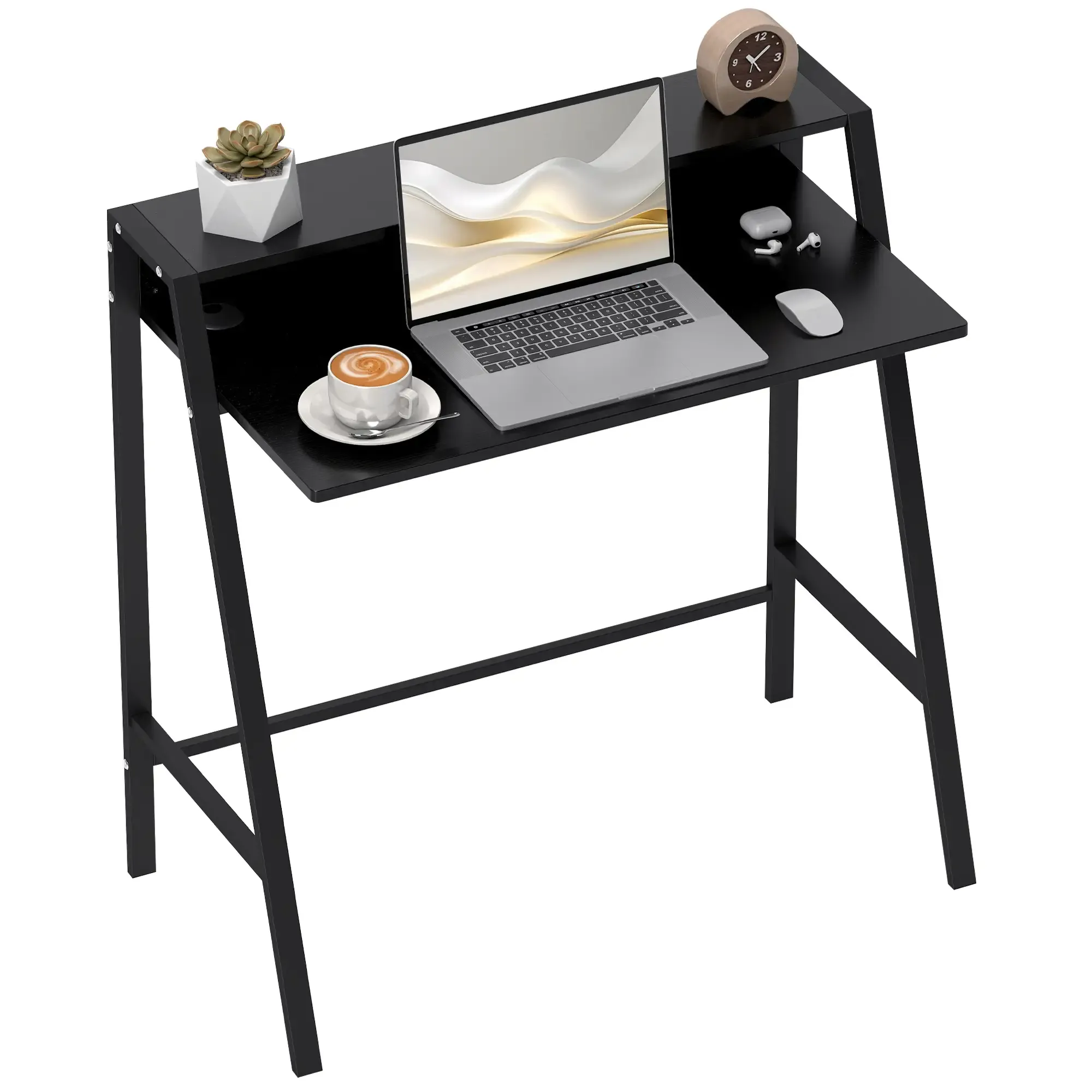 Schwarzer Schreibtisch mit Laptop, Uhr, Kaffee, Pflanze, Maus und Ohrhörern. Weißer Hintergrund.