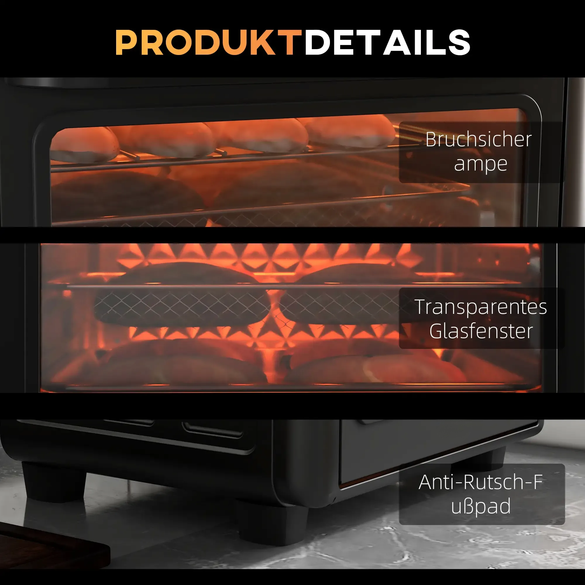 Ein Ofen mit Brot, beleuchtet mit warmem Licht. Merkmale: bruchsichere Lampe, transparentes Glas und Anti-Rutsch-Pads.