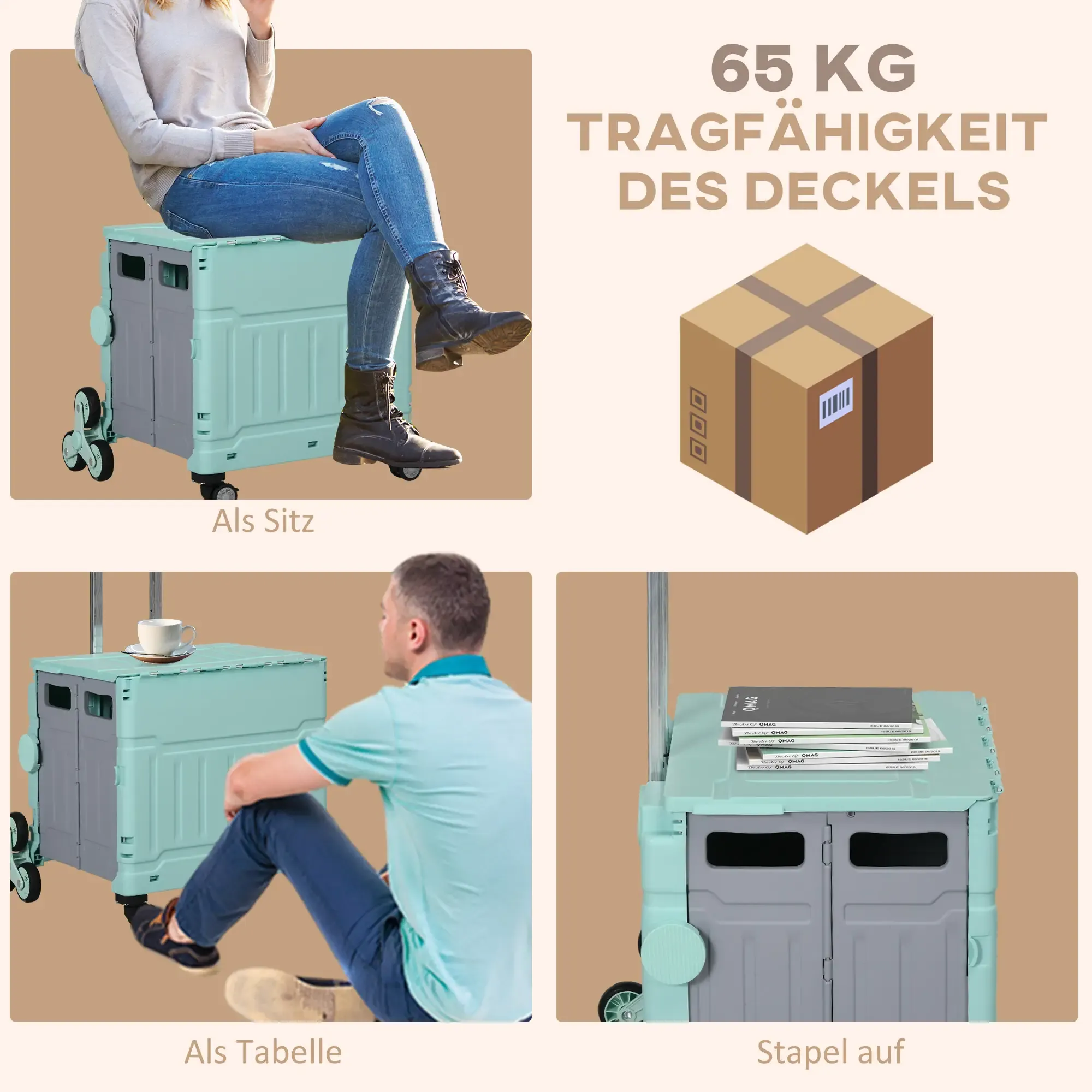 Das Bild zeigt einen faltbaren Wagen, der als Sitz, Tisch und zum Stapeln verwendet wird. Menschen interagieren mit dem Wagen.