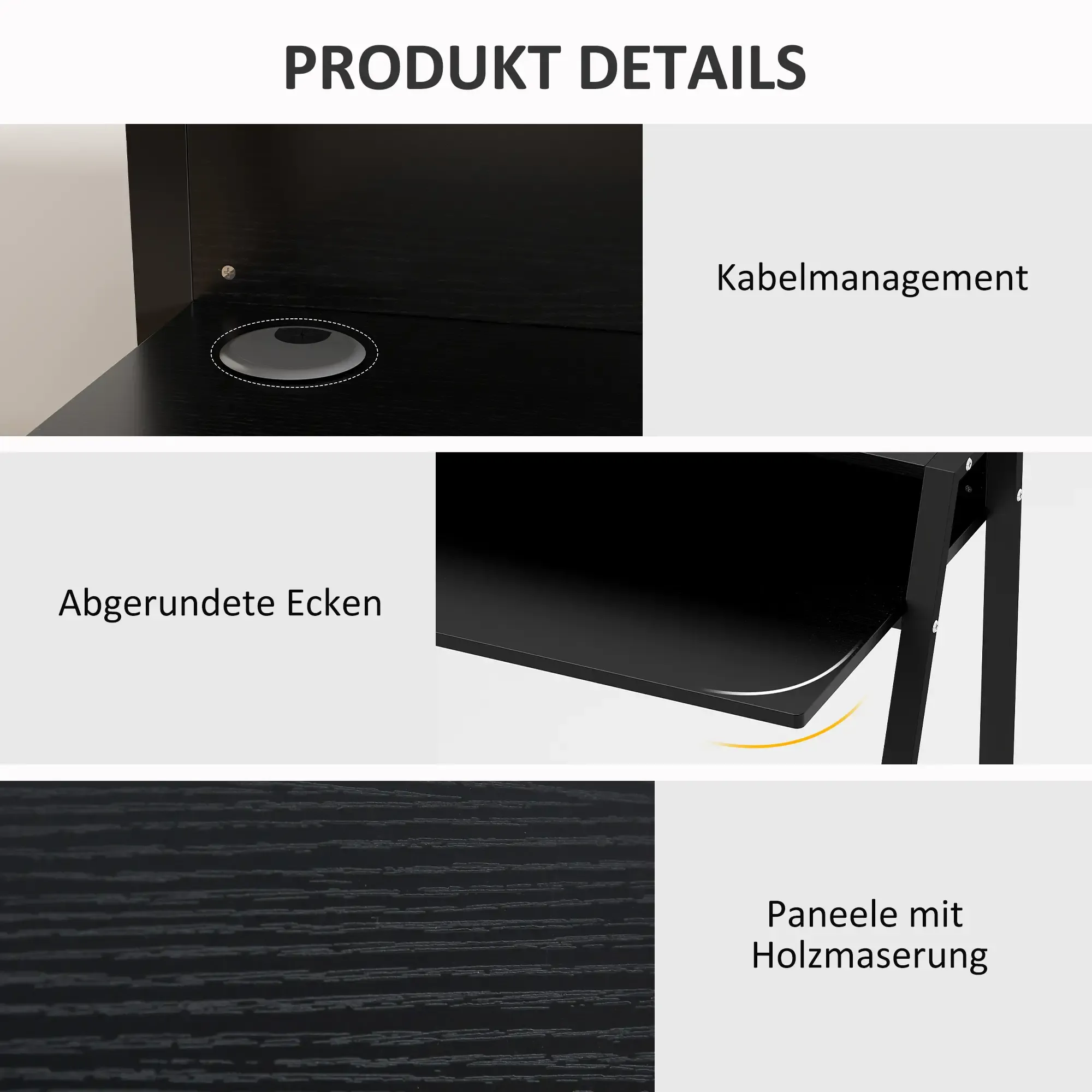 Produktdetails, die einen schwarzen Schreibtisch mit Kabelführung, abgerundeten Ecken und Holzmaserung zeigen.