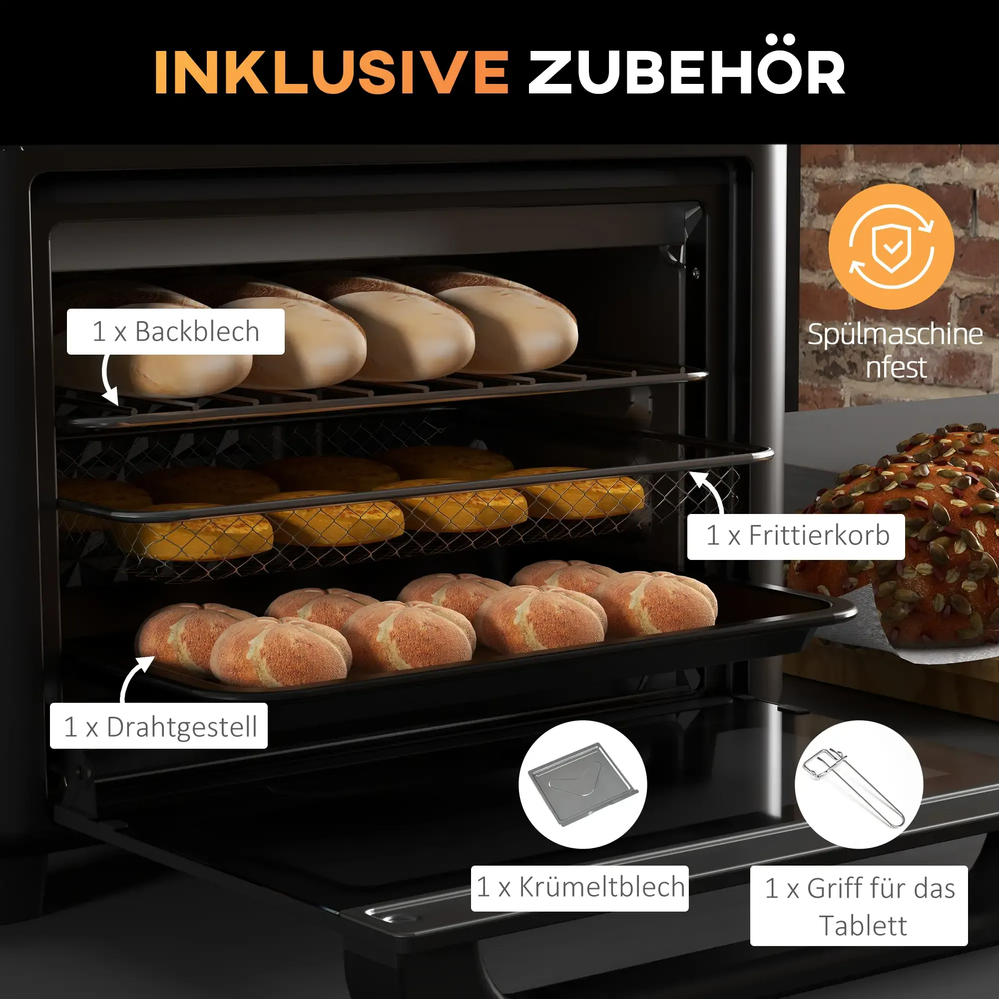 Ein Ofen mit Brot. Enthält Backblech, Drahtgestell, Krümelschale, Frittierkorb und Tablettgriff.