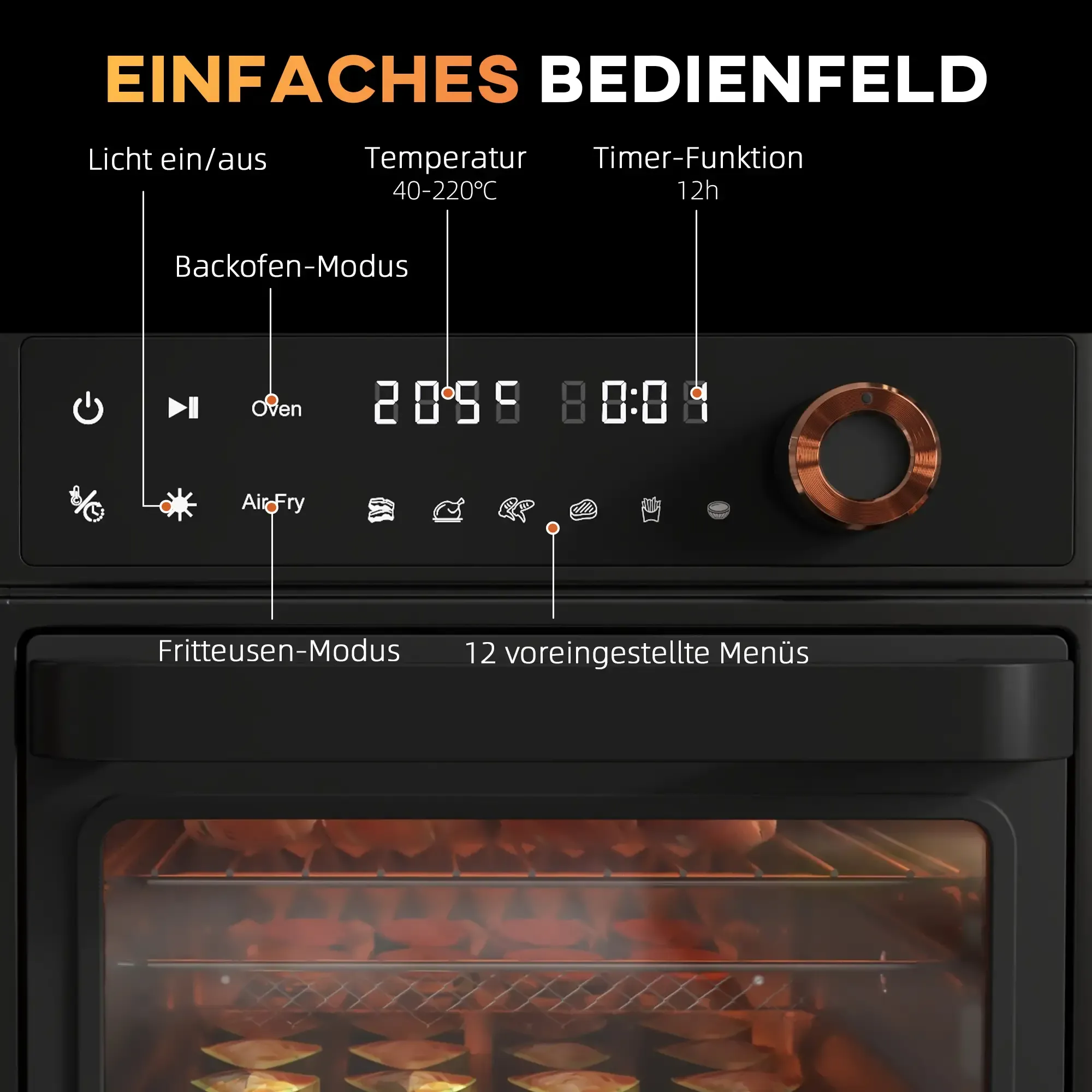 Backofen-Bedienfeld mit Anzeige von Zeit und Einstellungen. Enthält Symbole für Kochmodi und Temperatur.
