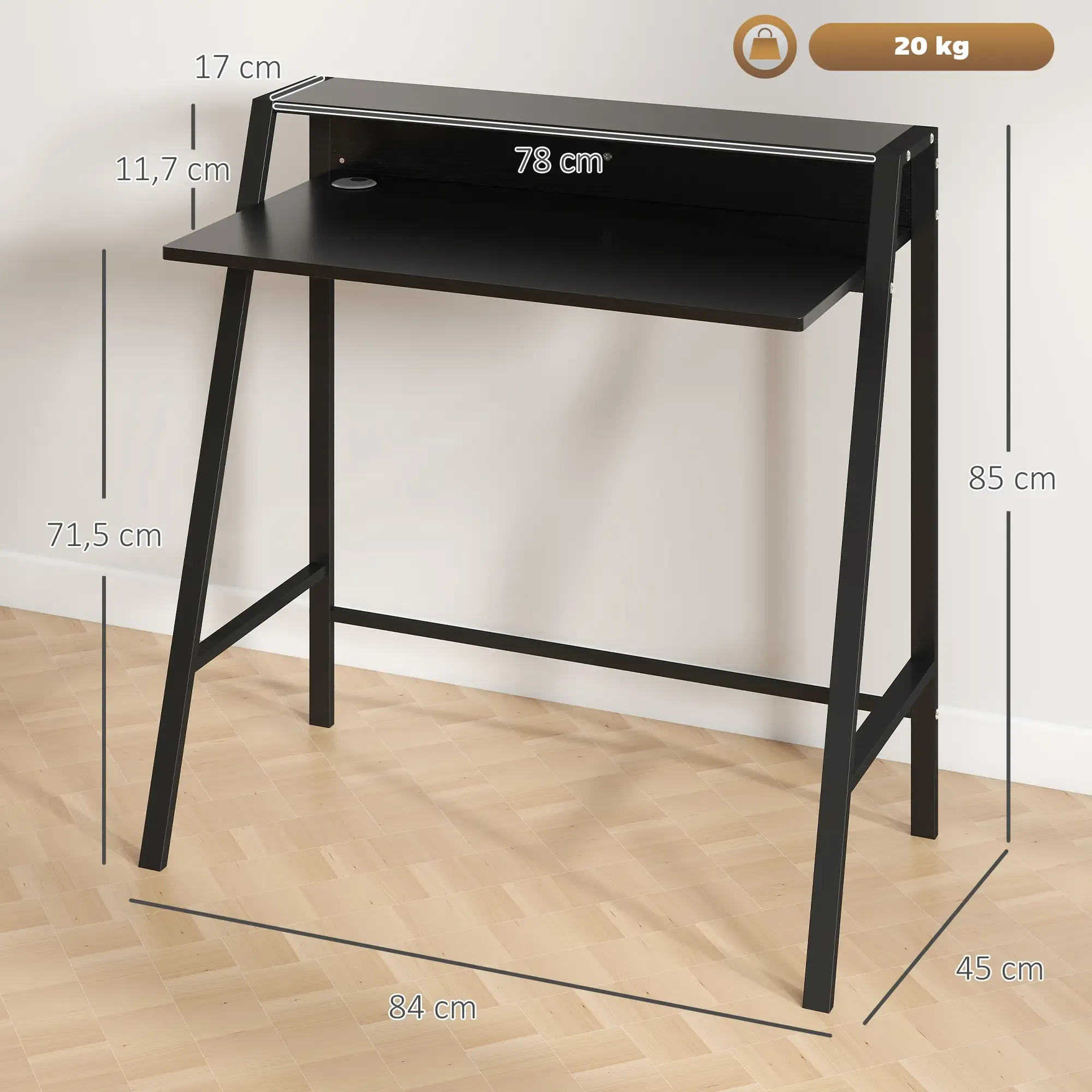 Schwarzer Schreibtisch mit Metallrahmen. Abmessungen sind angegeben. Hintergrund ist eine weiße Wand und Holzboden.