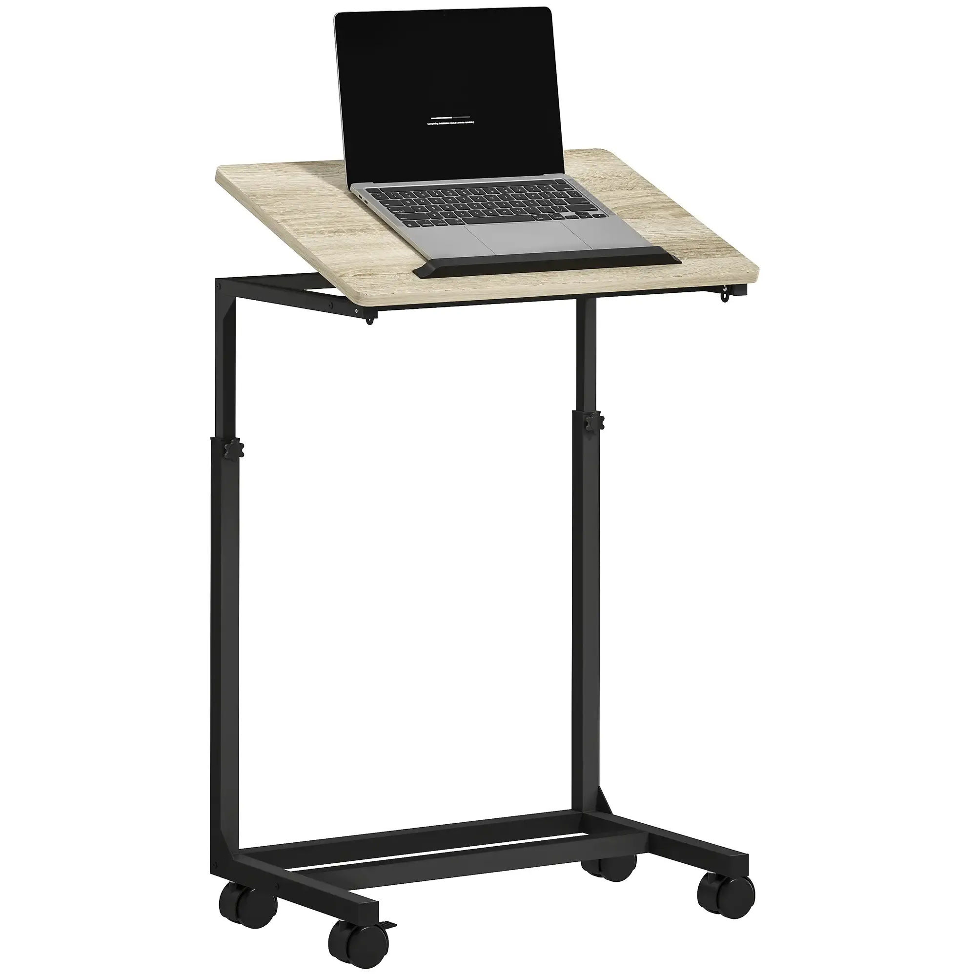 Ein Laptop auf einem Rollschreibtisch. Der Laptop-Bildschirm ist schwarz. Der Schreibtisch ist beige und schwarz.