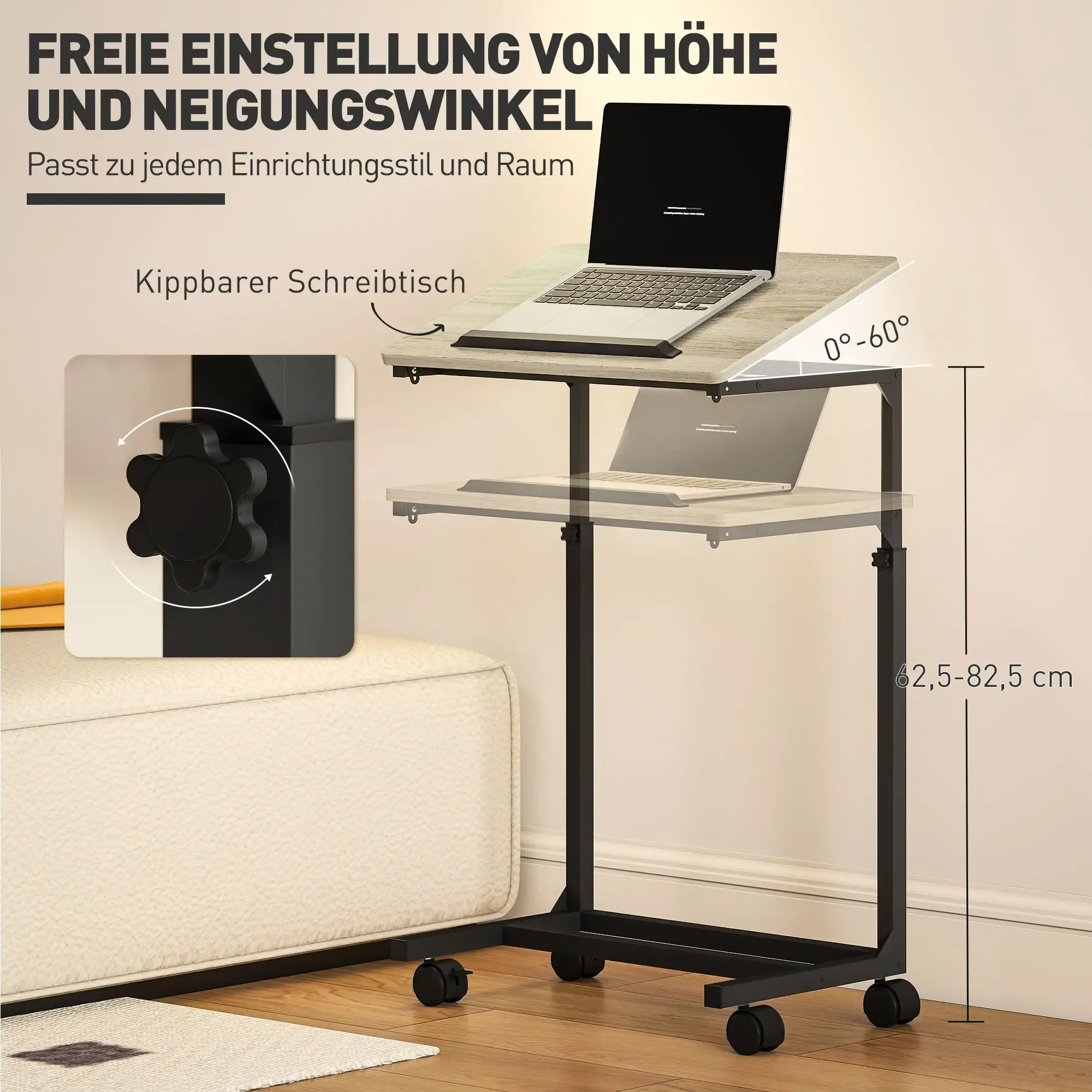 Ein Laptop auf einem kippbaren Schreibtisch mit höhenverstellbarkeit. Der Schreibtisch hat Rollen. Text auf Deutsch.