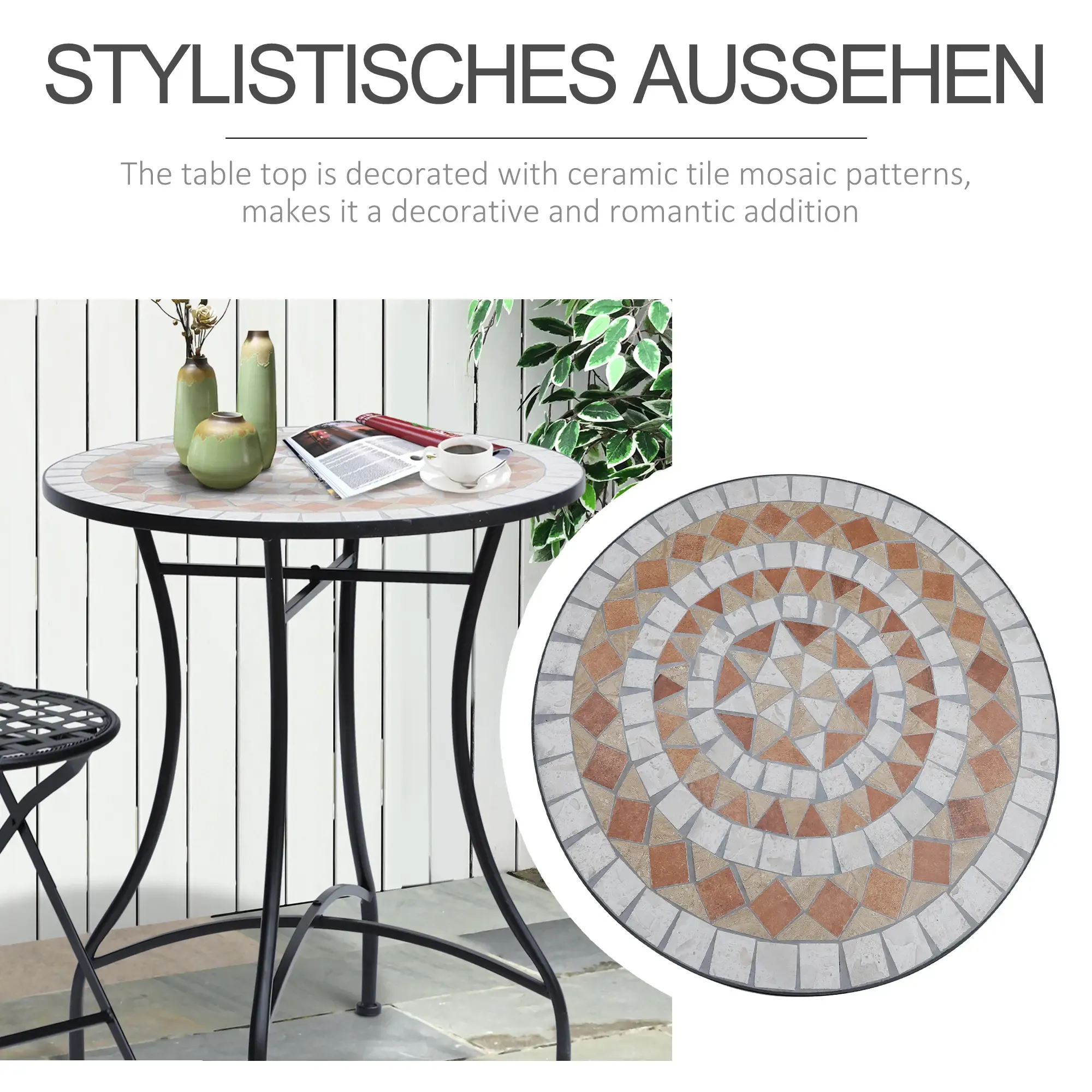 Runder Tisch mit Mosaikplatte, schwarzen Beinen und einem Stuhl. Vasen und Kaffeetasse auf dem Tisch. Weißer Hintergrund.