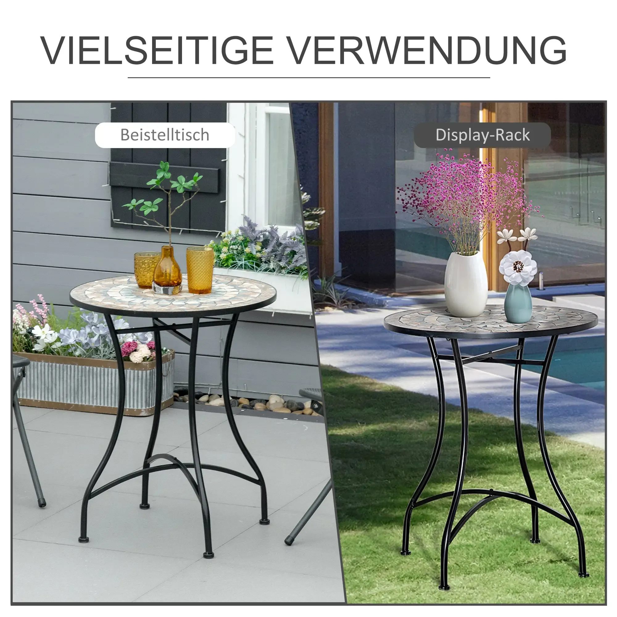 Zwei kleine Tische mit Mosaikplatten, einer auf einer Terrasse mit Blumen, der andere auf Gras mit Blumen.