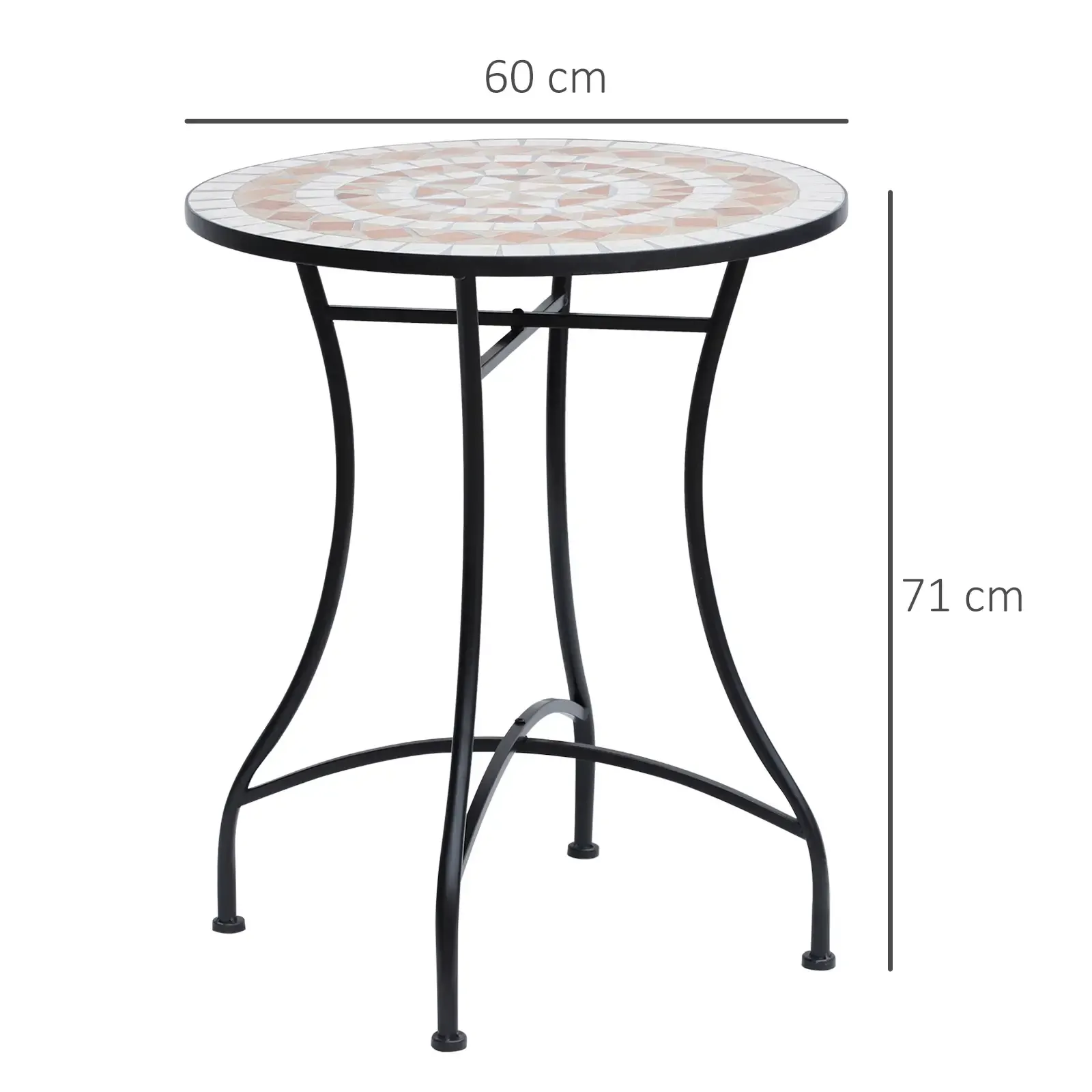 Runder Mosaiktisch mit schwarzen Metallbeinen. Abmessungen: 60 cm Durchmesser und 71 cm Höhe.