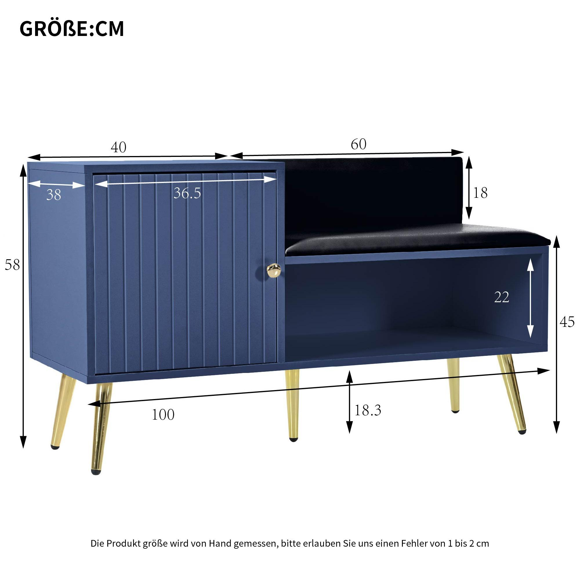 Ein blauer Schrank mit schwarzem Sitz. Er hat goldene Beine und Abmessungen in cm.