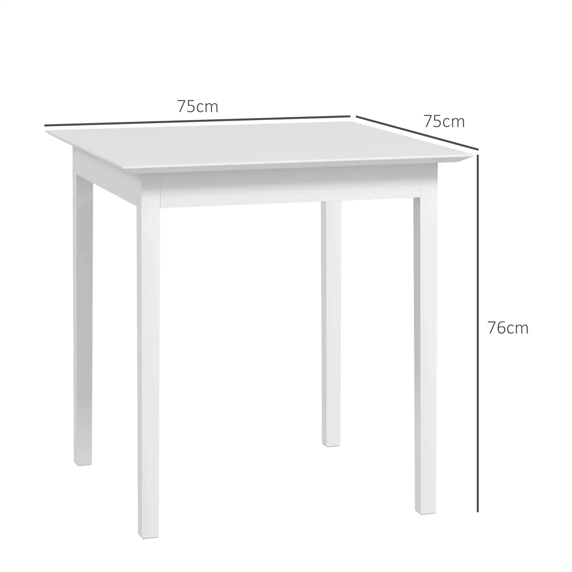 Ein weißer quadratischer Tisch mit vier Beinen. Die Abmessungen sind mit 75 cm x 75 cm x 76 cm angegeben.