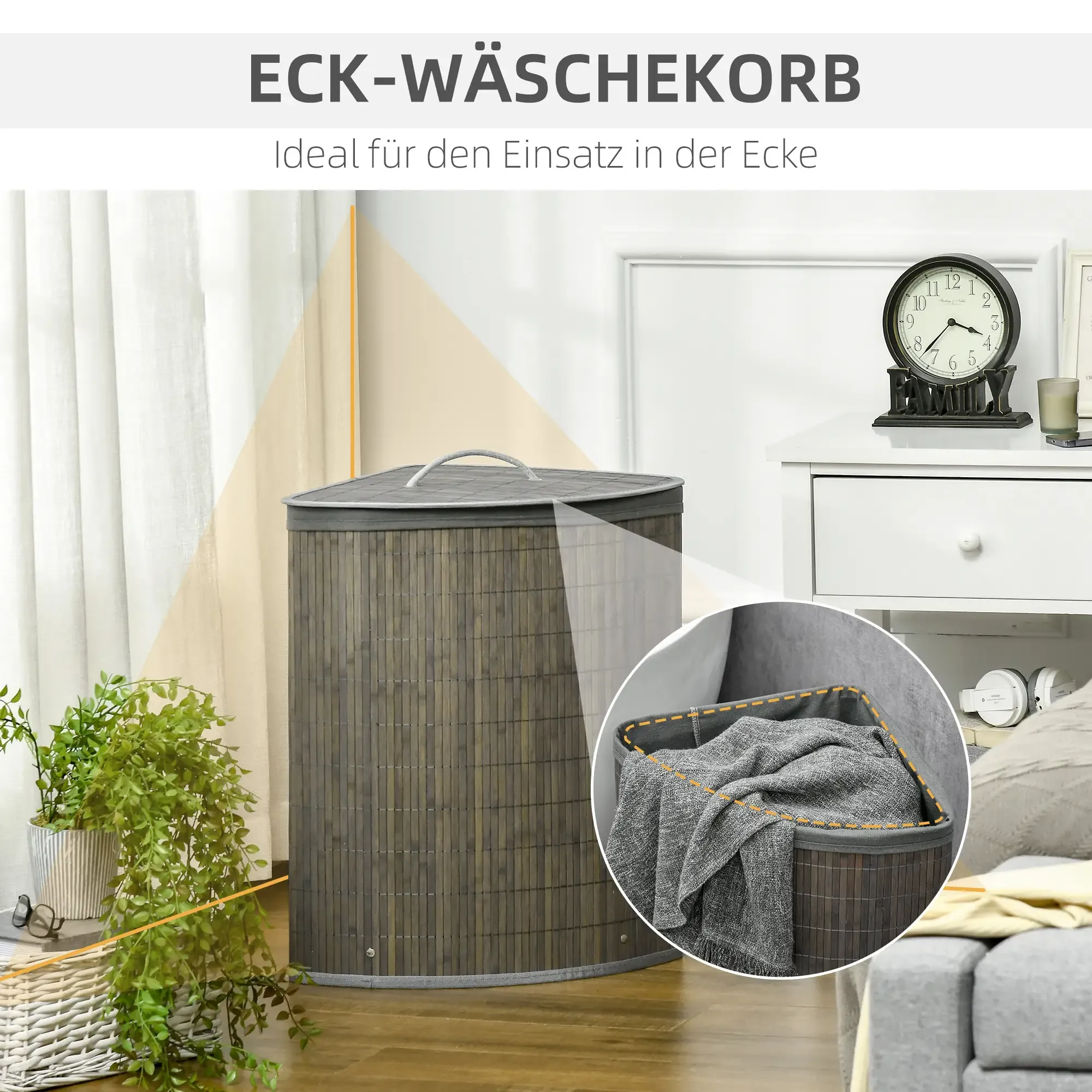 Ein Eck-Wäschekorb aus Bambus. Eine Uhr, eine Pflanze und ein weißer Schrank sind im Hintergrund.