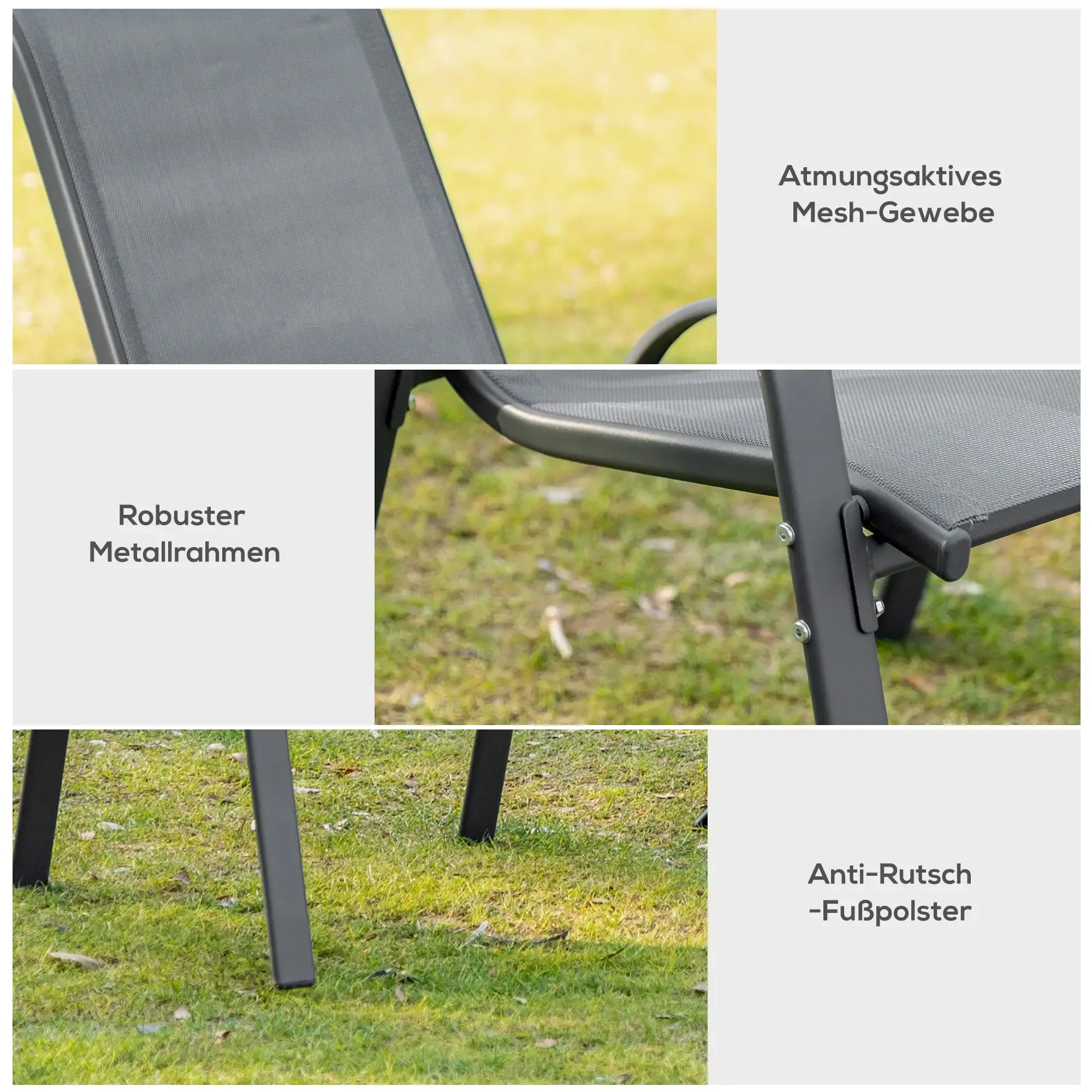 Nahaufnahme eines schwarzen Stuhls auf Gras. Details: Mesh-Gewebe, Metallrahmen und Anti-Rutsch-Füße. Hintergrund: grünes Gras.