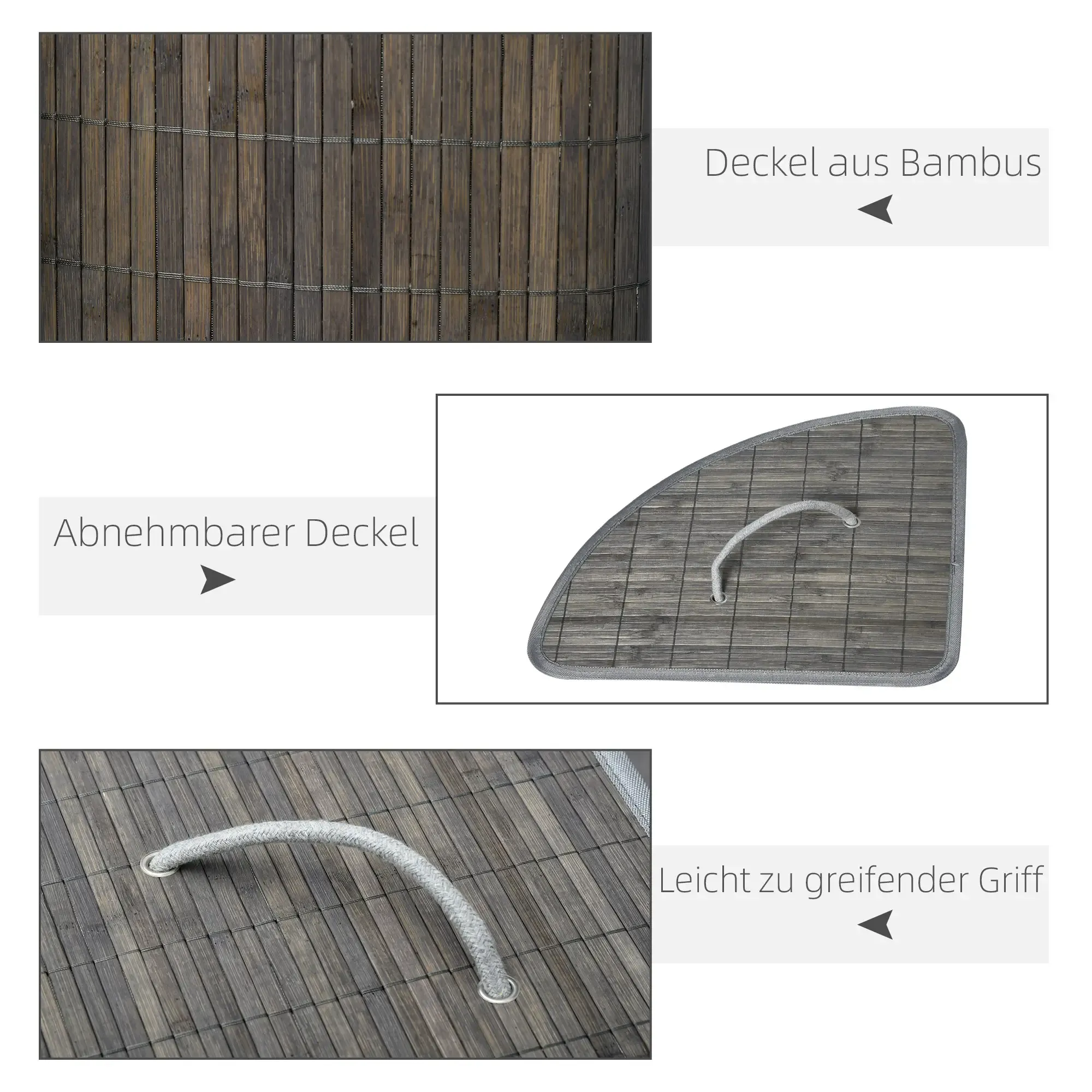Bambusdeckel mit Seilgriff. Der Deckel ist abnehmbar. Bambusmaterial mit dunkelgrauer Farbe.