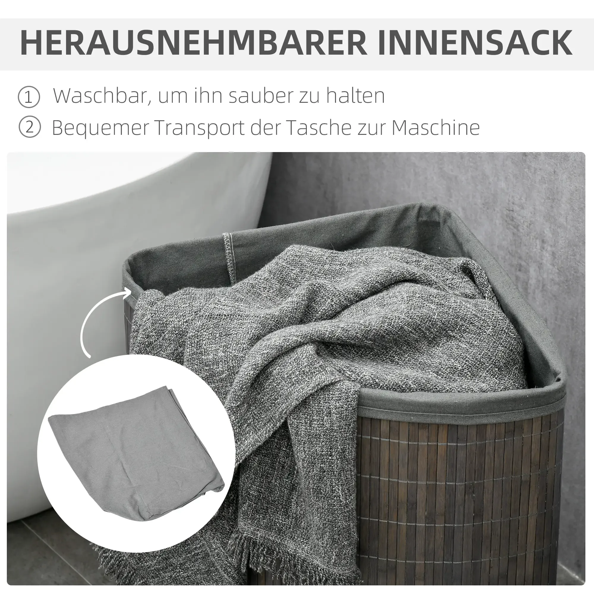Ein Wäschekorb mit herausnehmbarem grauem Futter. Eine graue Decke ist innen. Der Korb besteht aus Bambus.