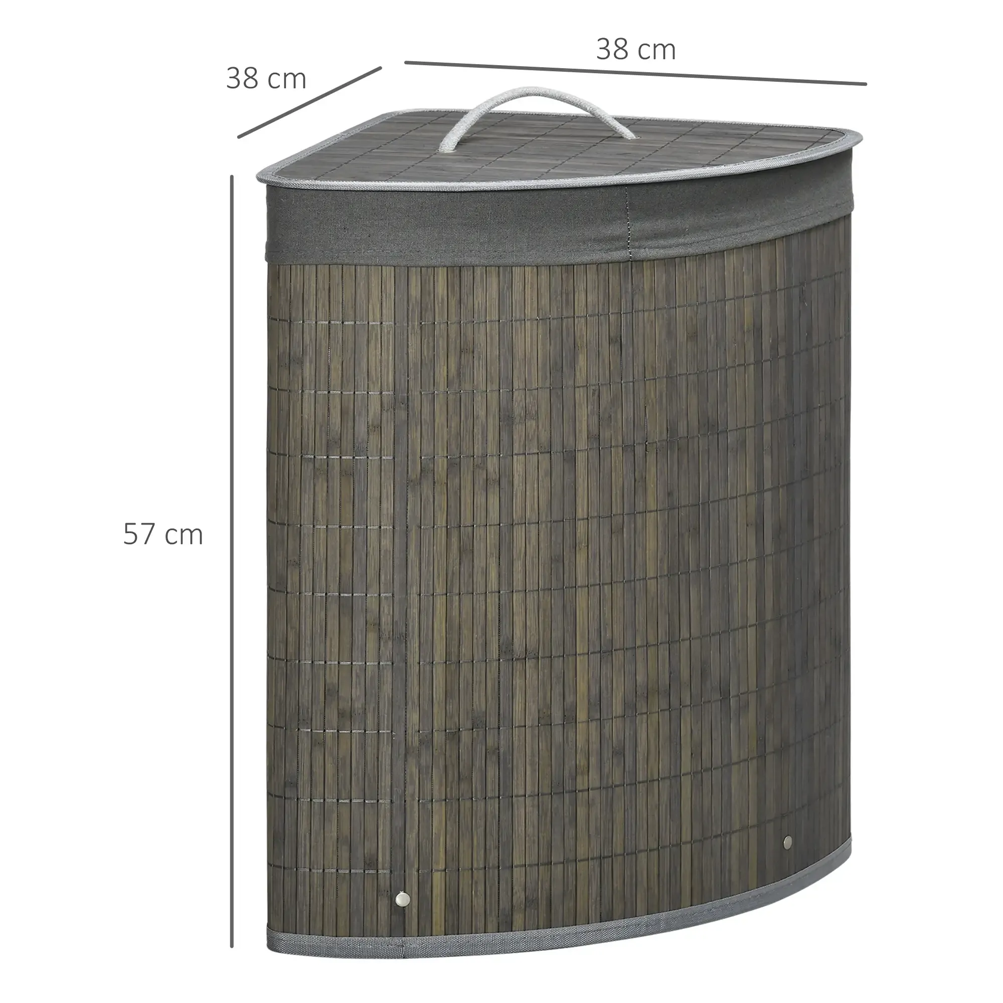 Ein Wäschekorb aus Bambus. Er ist grau und hat einen Deckel mit Griff. Maße sind angegeben: 38cm, 38cm und 57cm.