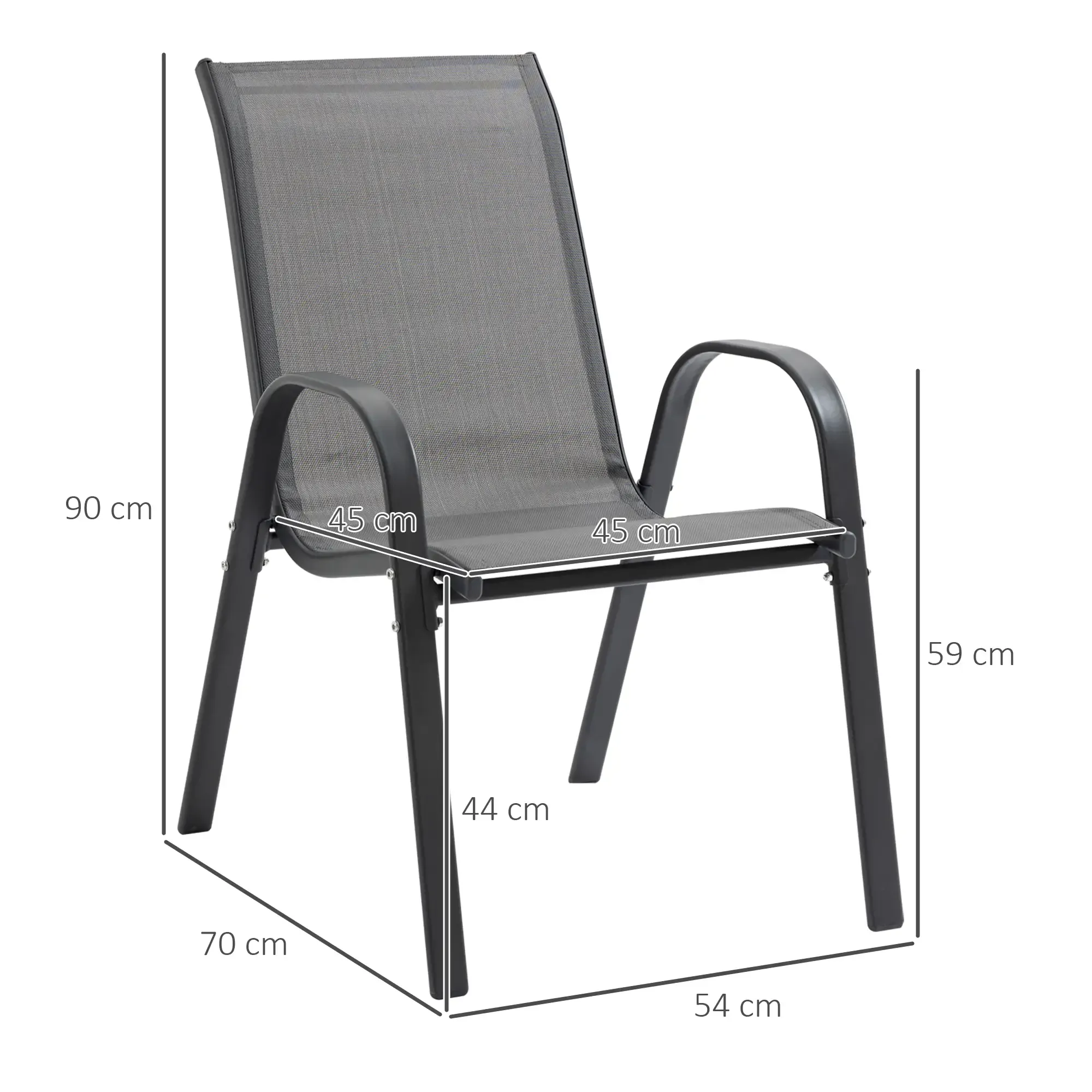 Ein grauer Stuhl für den Außenbereich mit Armlehnen, die Abmessungen sind beschriftet: 90 cm Höhe, 70 cm Breite, 54 cm Tiefe. Der Sitz ist 45 cm breit.