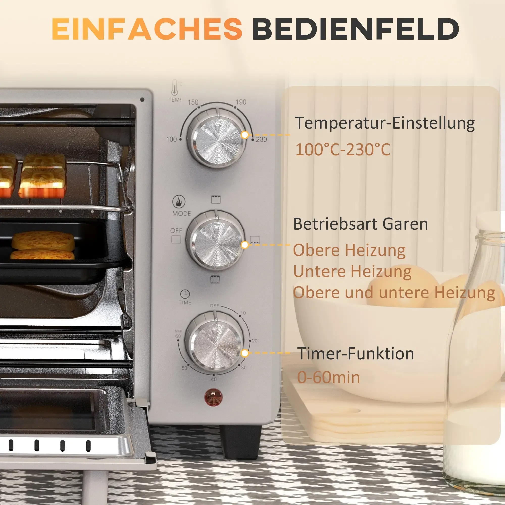 Ein Ofen mit Temperatur-, Modus- und Timer-Reglern. Im Inneren befinden sich Backwaren auf Tabletts. Rechts ist eine Milchflasche.