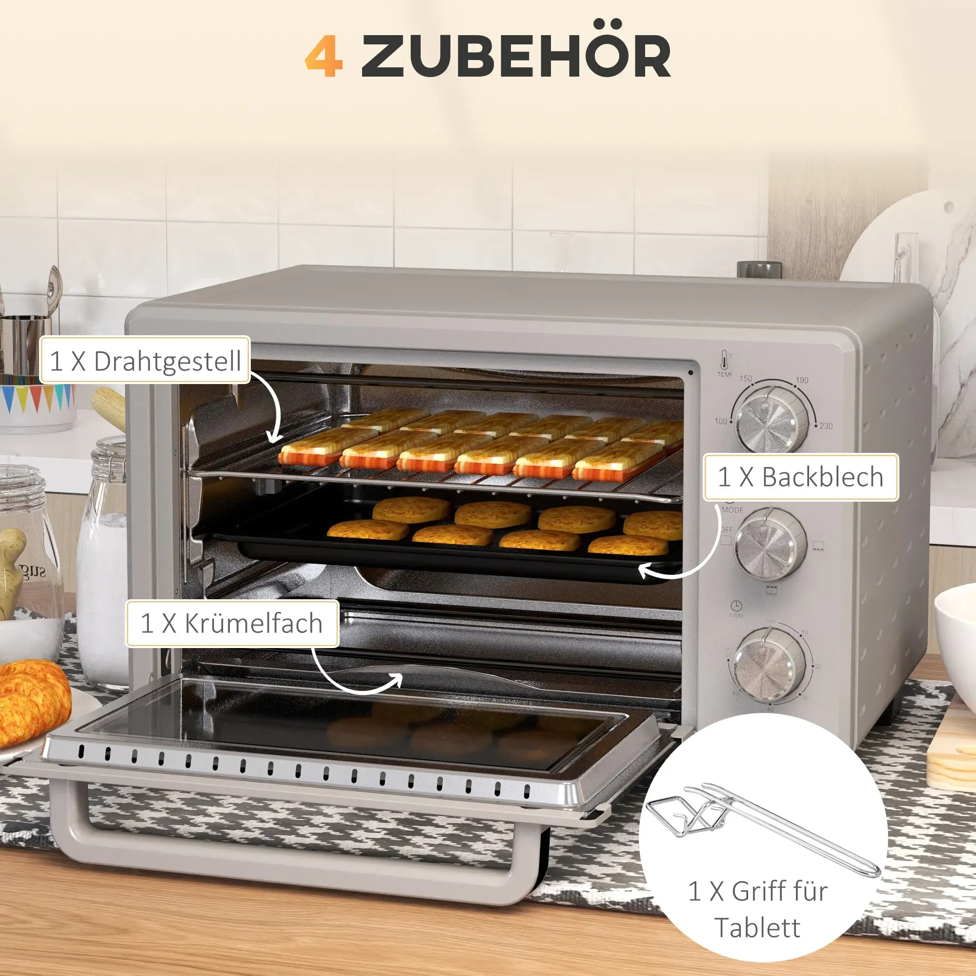 Ein Ofen mit Backblechen und Keksen. Beschriftete Teile sind ein Drahtgestell, eine Krümelschale, ein Backblech und ein Griff.