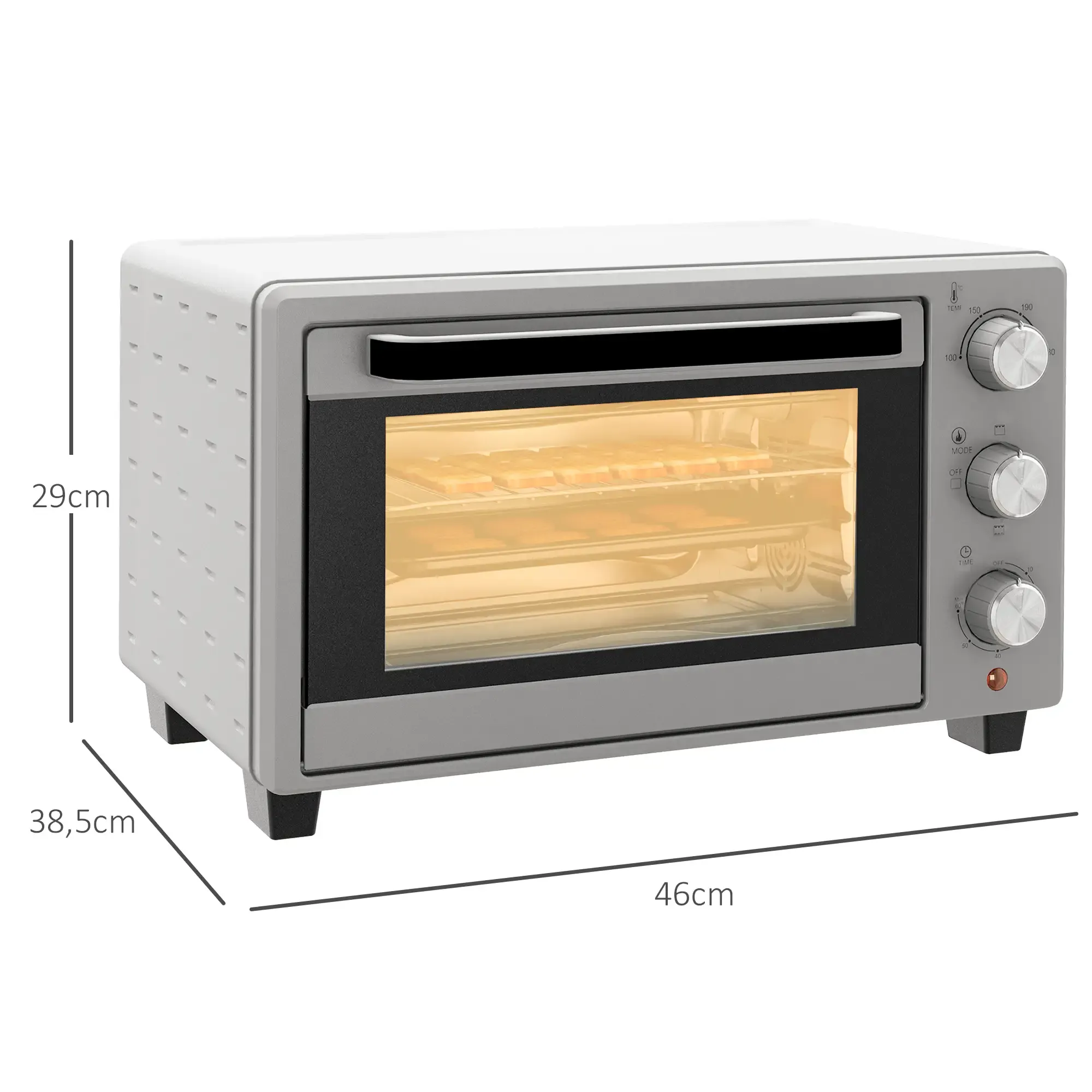 Ein grauer Elektrobackofen mit beschrifteten Abmessungen. Er hat eine Glastür mit Essen, Bedienknöpfen und einer Betriebsanzeige.