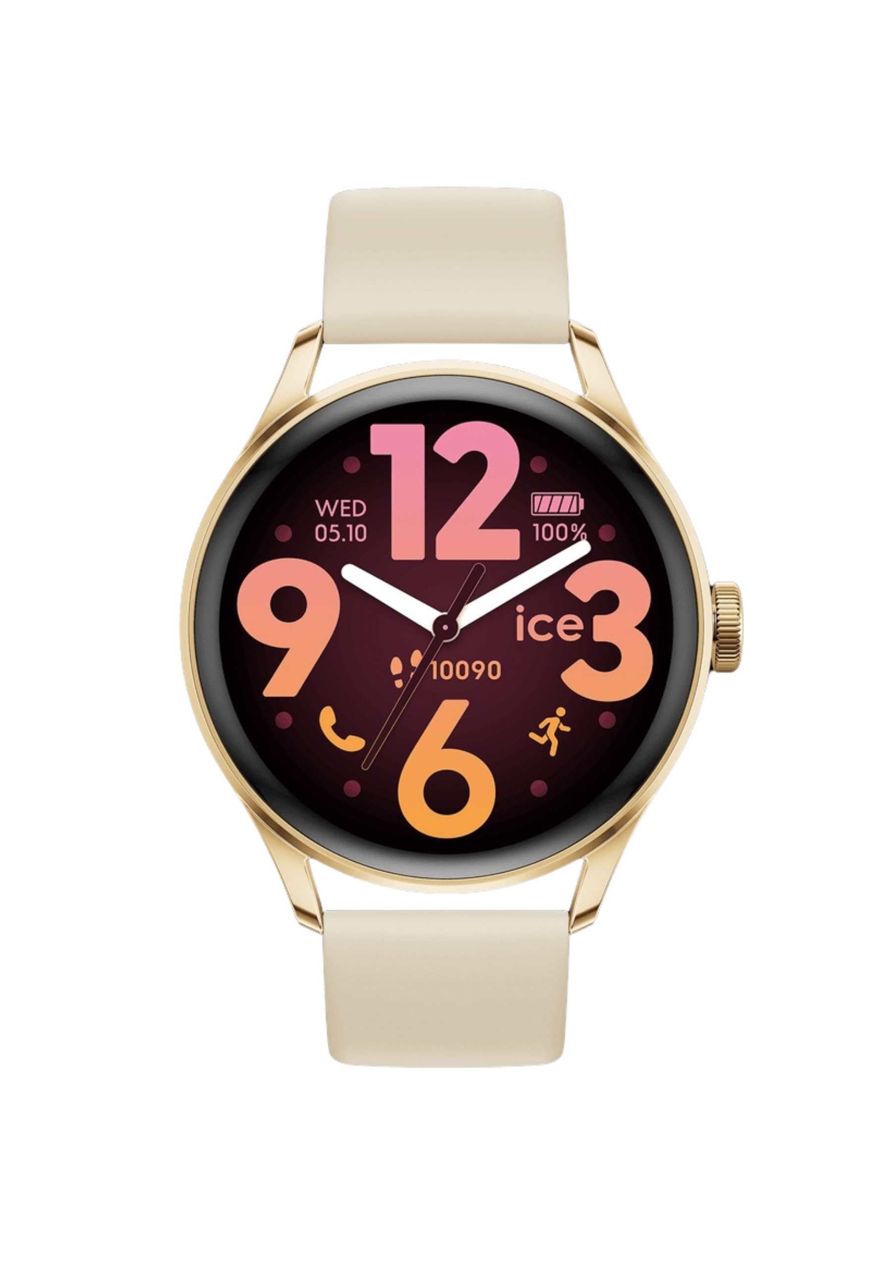 Goldene Smartwatch mit cremefarbenen Armbändern, die Zeit, Datum, Akku und Aktivitätssymbole anzeigt. Zahlen sind rosa und orange.