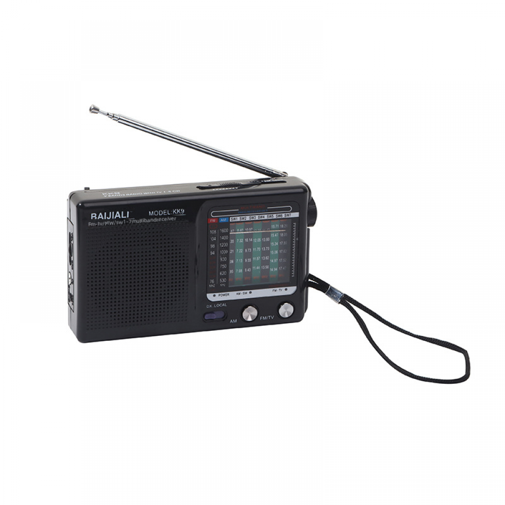Ein schwarzes Rajiali KK9 Radio mit Antenne und Riemen. Es hat Knöpfe und ein Display mit Radiofrequenzen.