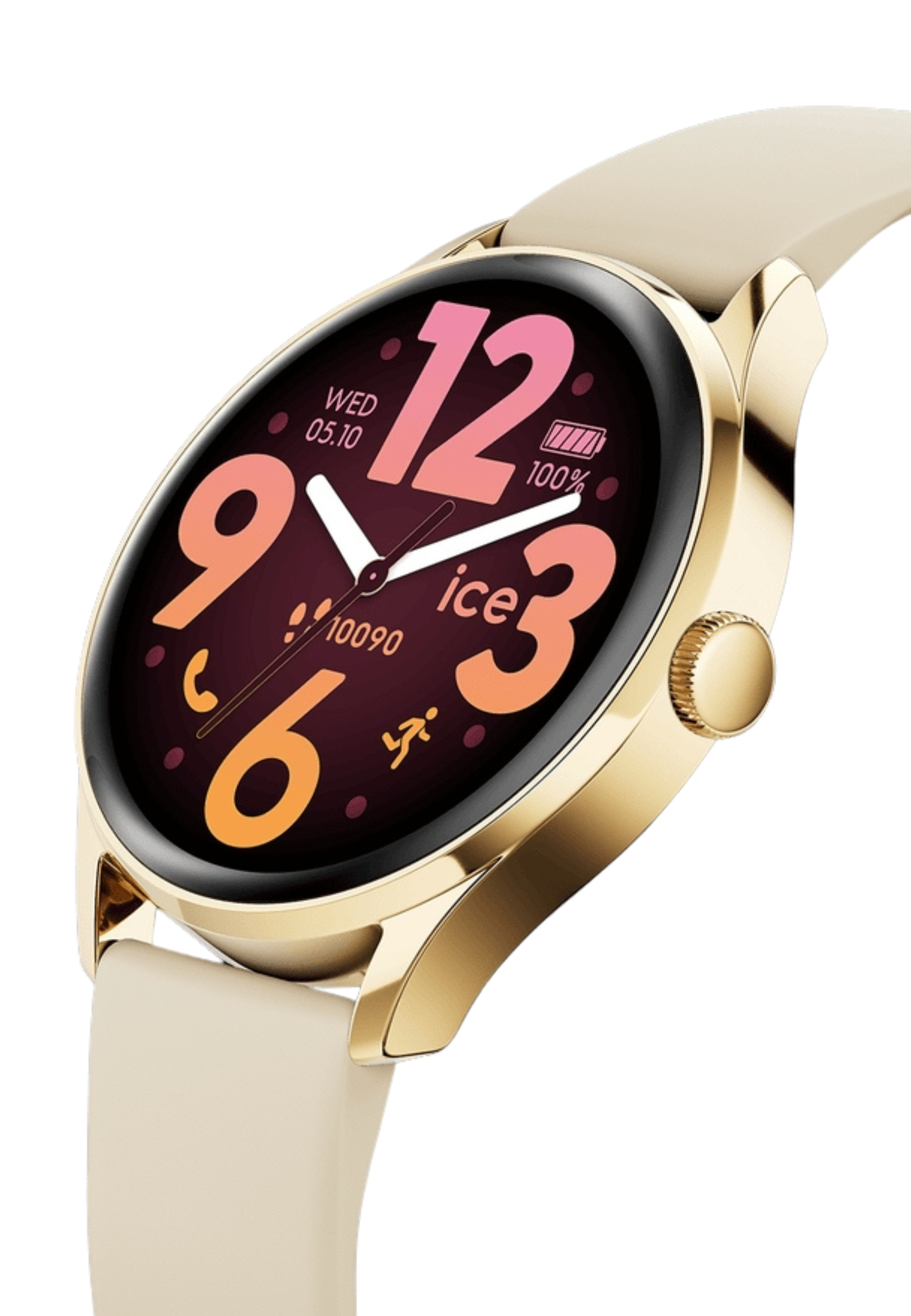 Goldene Smartwatch zeigt die Uhrzeit: 12, 3, 6, 9. Cremefarbenes Armband. Anzeige von Datum, Schritten und Akku.