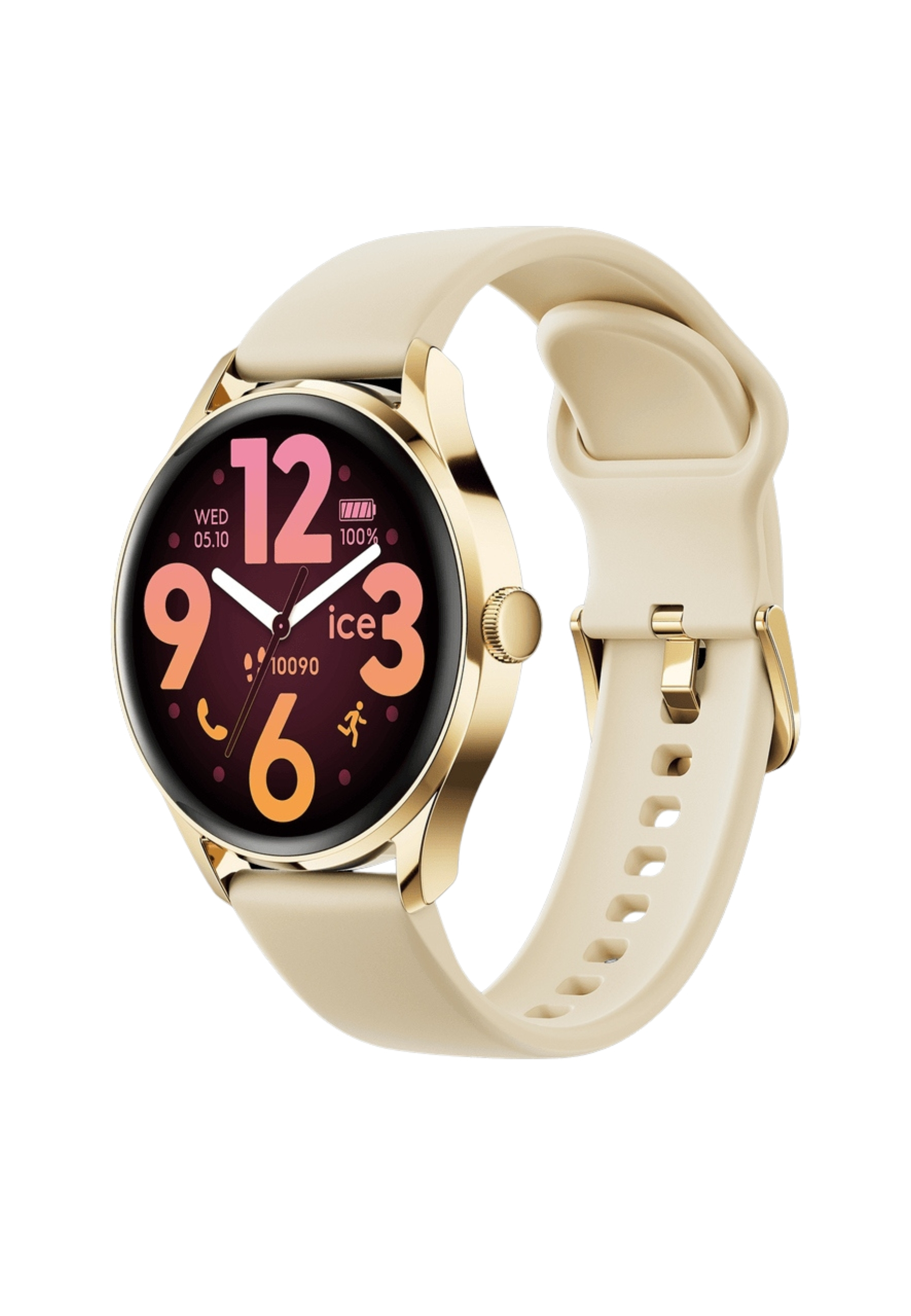 Eine goldene Smartwatch mit cremefarbenem Armband. Das Zifferblatt zeigt Zeit, Datum und Akkulaufzeit.