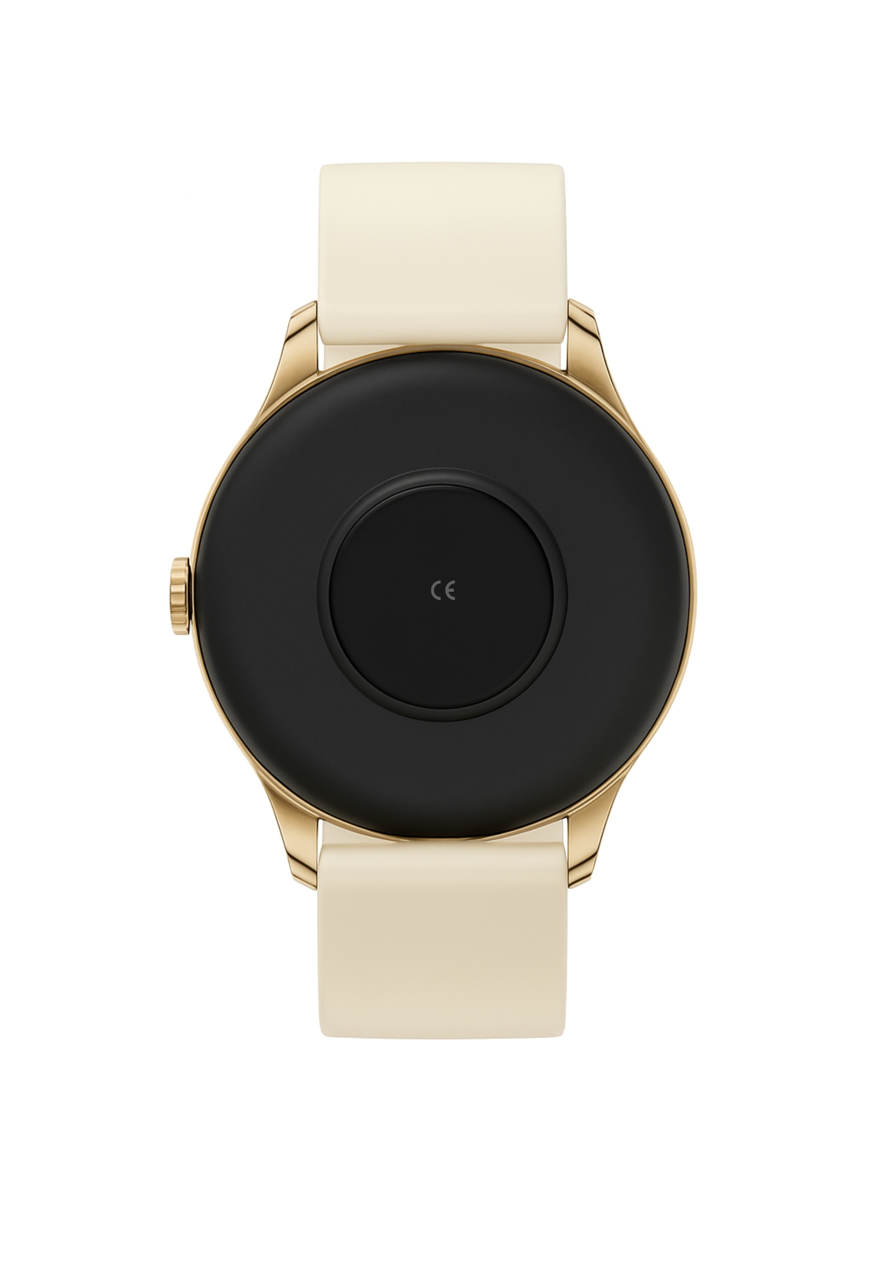 Eine goldene Smartwatch mit schwarzem kreisförmigen Bildschirm und cremefarbenen Armbändern. Die Uhr ist auf weißem Grund.