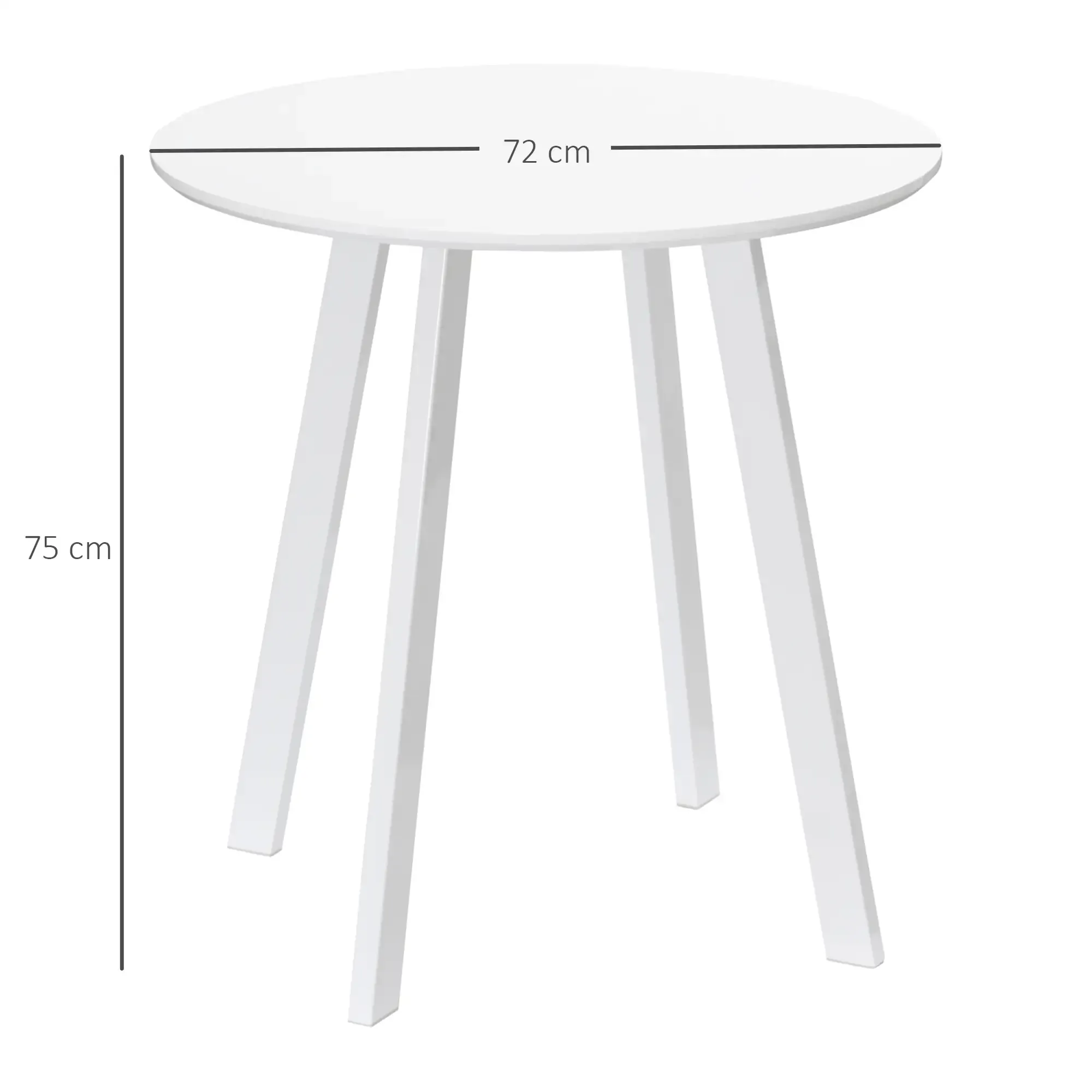 Ein weißer runder Tisch mit drei angewinkelten Beinen wird gezeigt. Er ist 72 cm breit und 75 cm hoch.