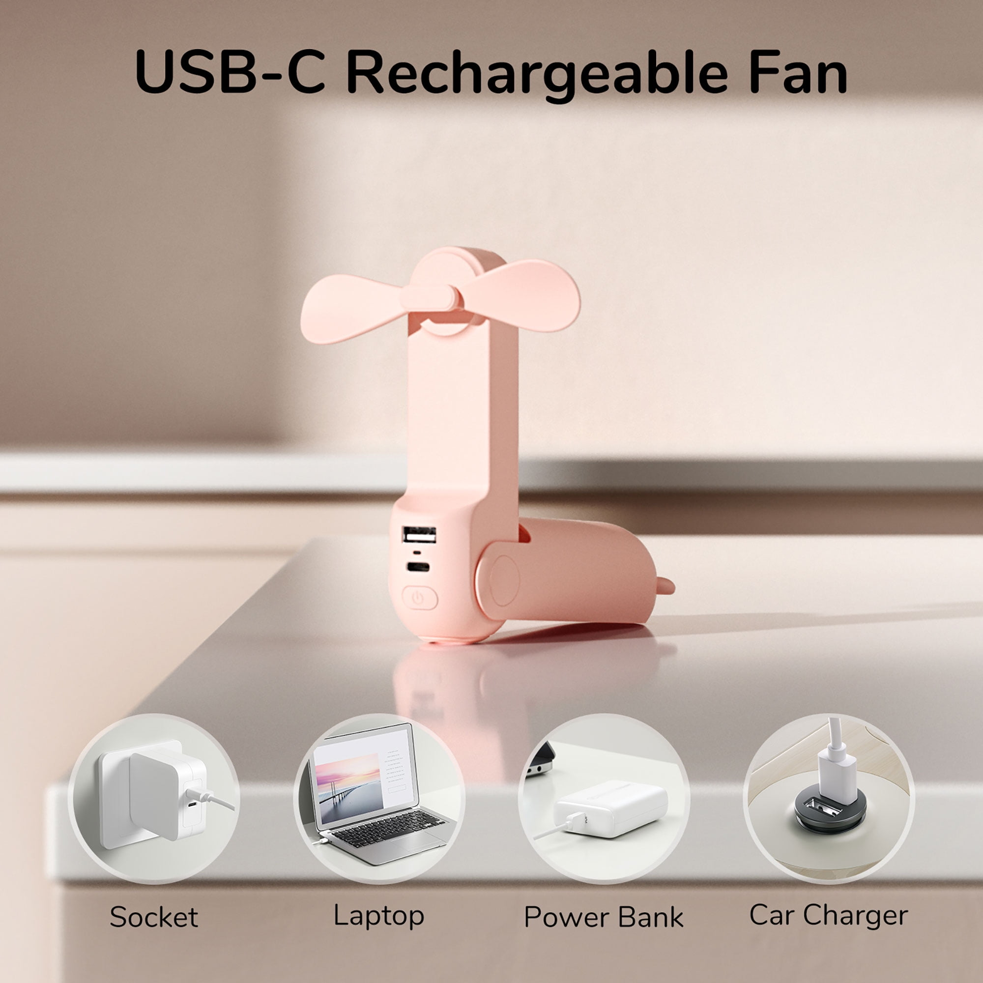 Ein rosa USB-C-Akku-Lüfter auf einem Tisch. Darunter befinden sich Bilder einer Steckdose, eines Laptops, einer Powerbank und eines Autoladegeräts.