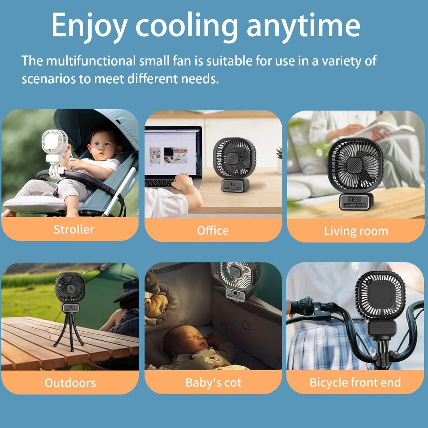 Das Bild zeigt einen kleinen Ventilator in verschiedenen Umgebungen: Kinderwagen, Büro, Wohnzimmer, im Freien, Babybett und Fahrradvorderende.
