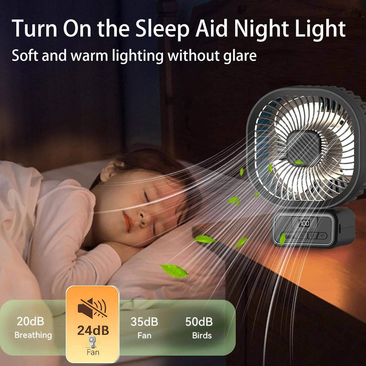 Ein schlafendes Kind in der Nähe eines Ventilators. Der Ventilator steht auf einem Nachttisch, mit Blättern und Lichtstrahlen. Text weist auf niedrigen Geräuschpegel hin.