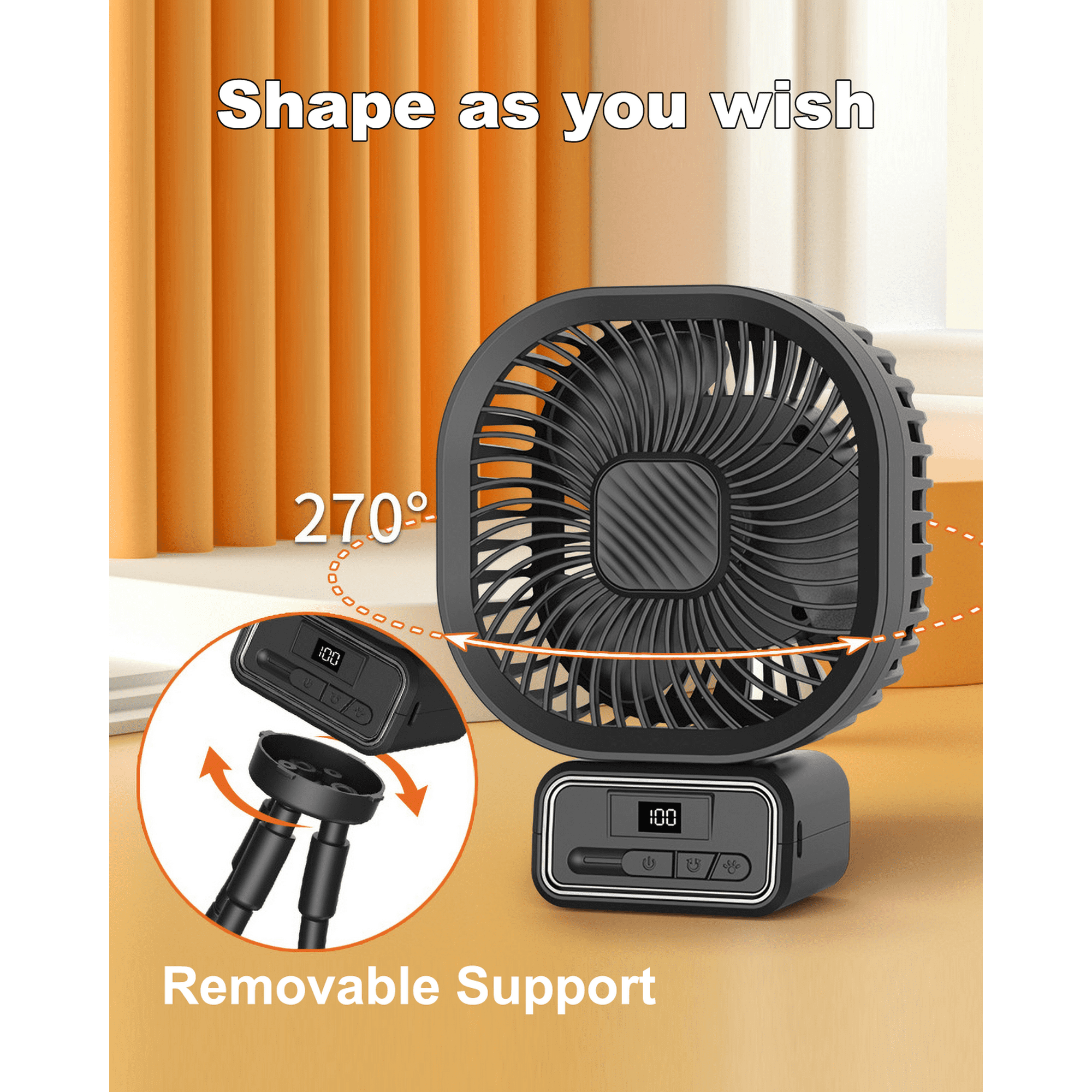 Schwarzer Ventilator mit Digitalanzeige, abnehmbarem Ständer und 270-Grad-Schwenkfunktion. Oranger Hintergrund mit Text 'Shape as you wish'.