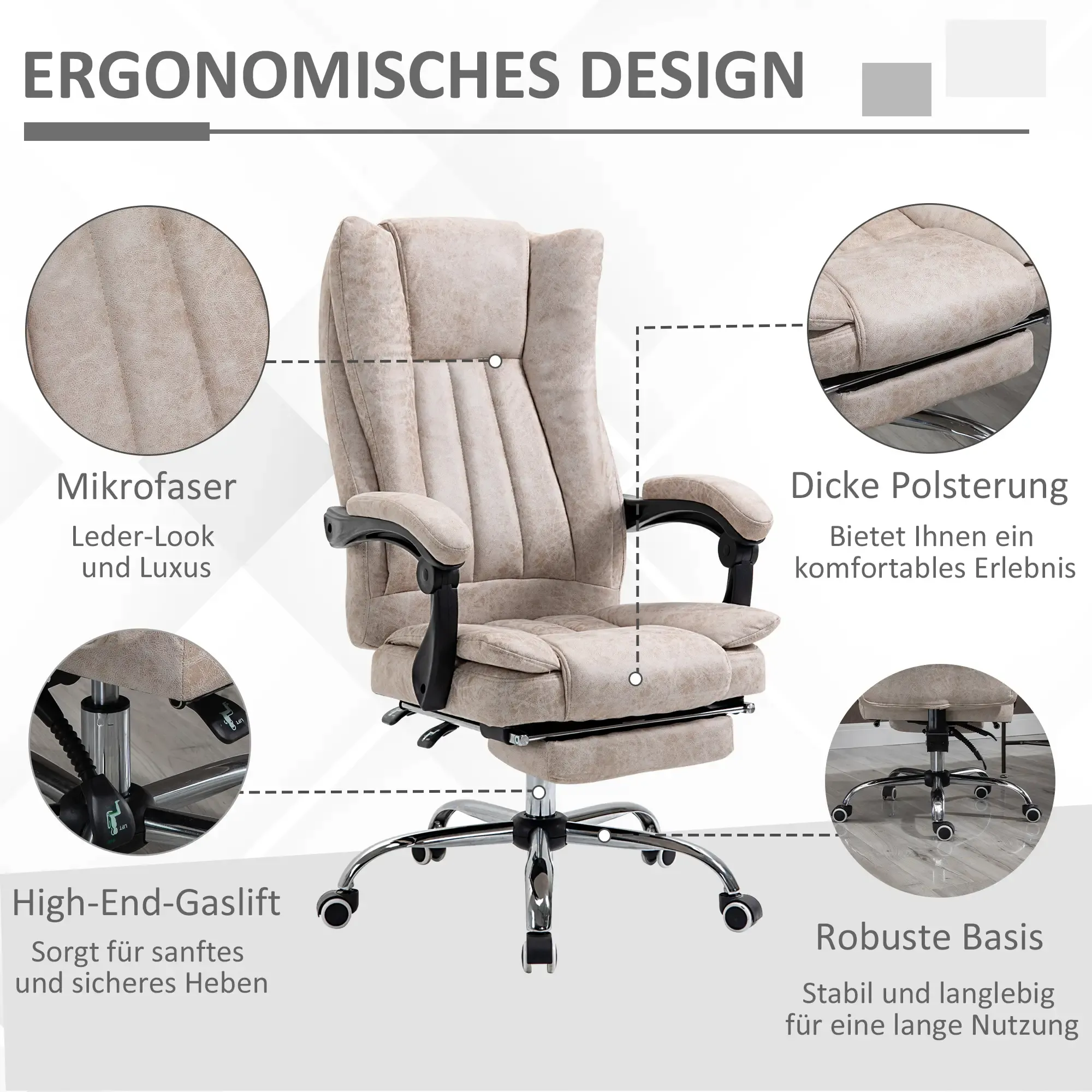 Ein ergonomischer, beiger Bürostuhl mit Kopfstütze, Armlehnen und Fußstütze. Er hat eine robuste Basis mit Rollen.