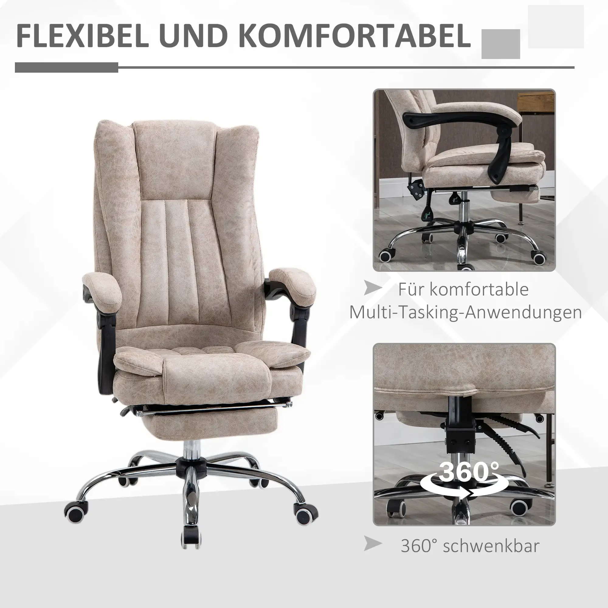 Beiger Bürostuhl mit schwarzen Armlehnen. Merkmale sind Kopfstütze, Fußstütze und 360-Grad-Drehbarkeit. Für Multi-Tasking.