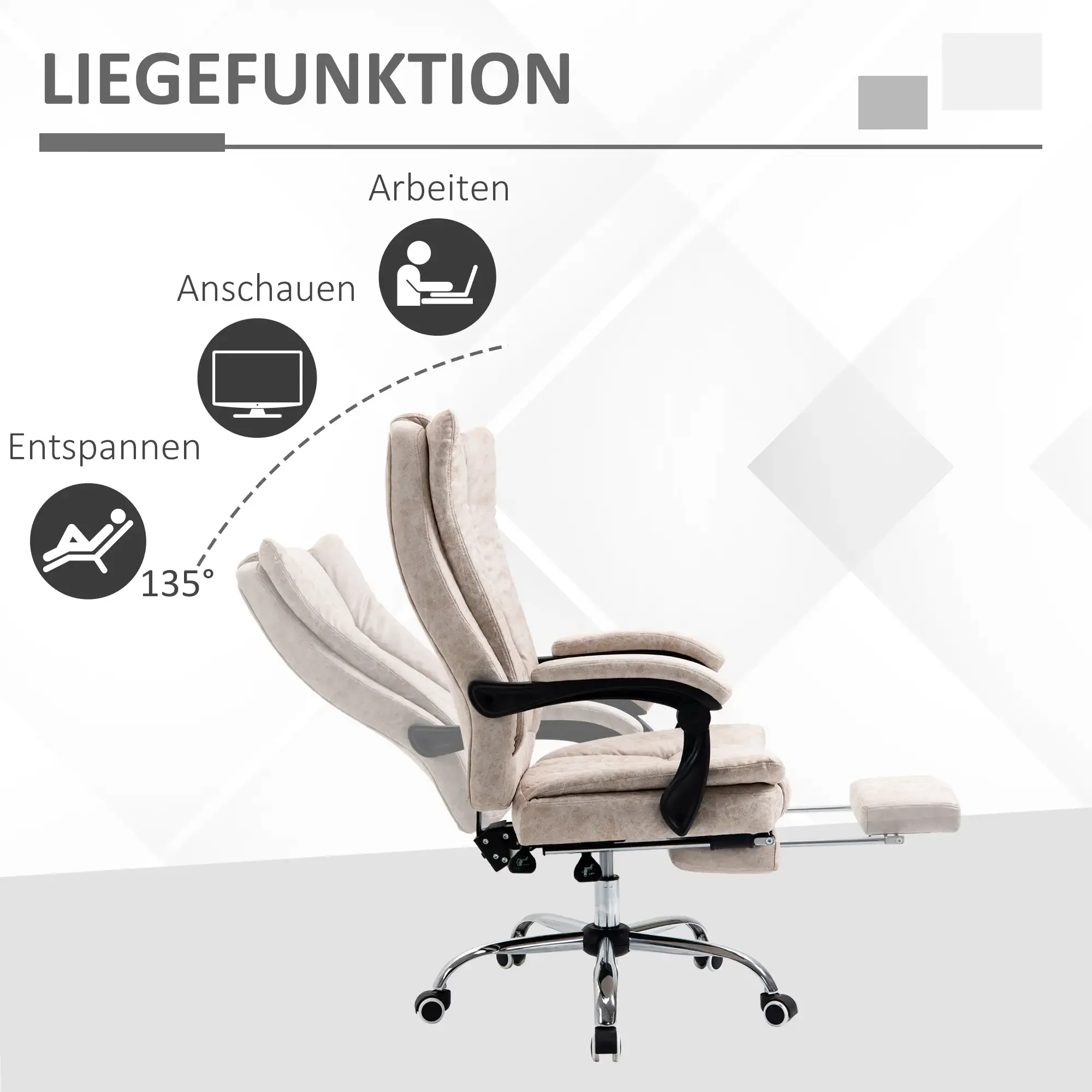 Beiger Bürostuhl mit Liegefunktion, Armlehnen, Fußstütze und Chromgestell. Text oben lautet 'Liegefunktion'.